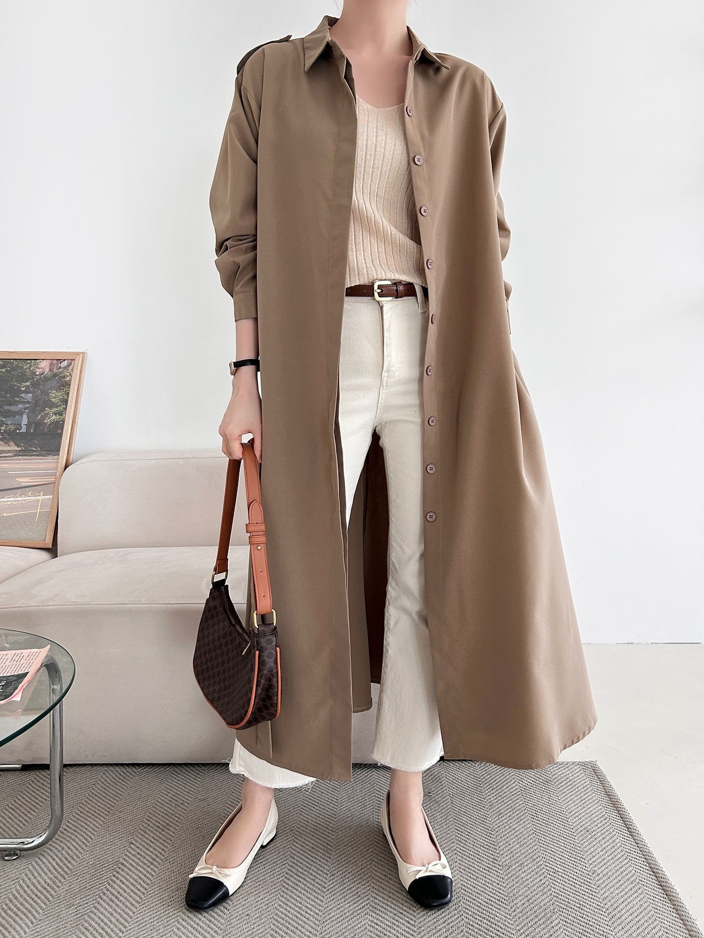 カラーピンタックロングルーズ長袖ワンボタンボタンスリーブループ無地シャツワンピースストラップ付 | 詳細画像2