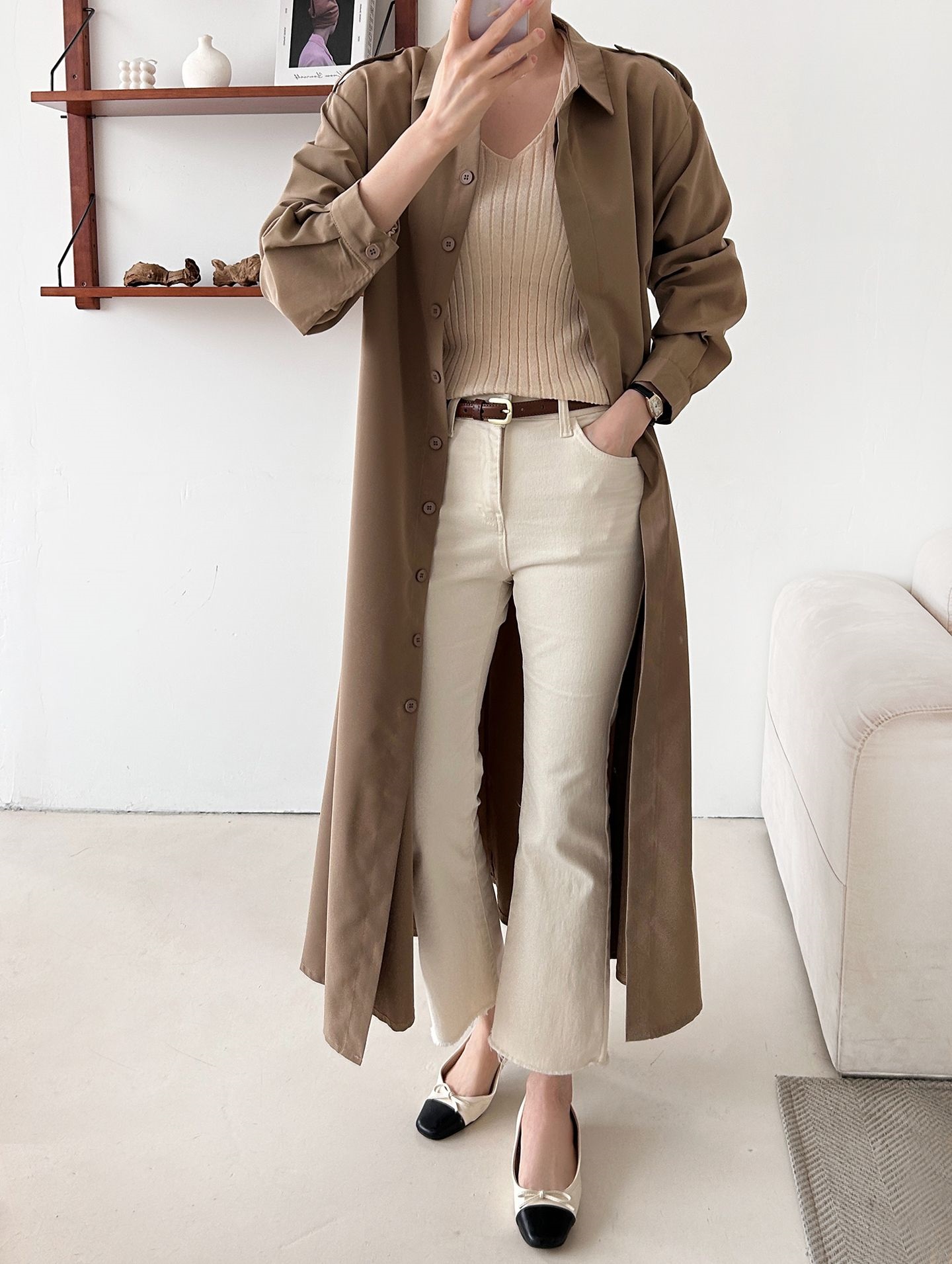 カラーピンタックロングルーズ長袖ワンボタンボタンスリーブループ無地シャツワンピースストラップ付 | 詳細画像3