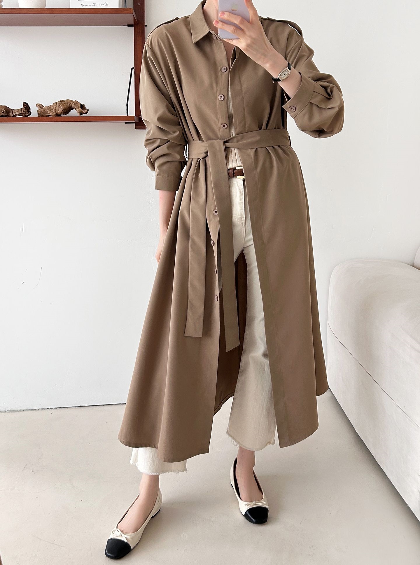 カラーピンタックロングルーズ長袖ワンボタンボタンスリーブループ無地シャツワンピースストラップ付 | 詳細画像5