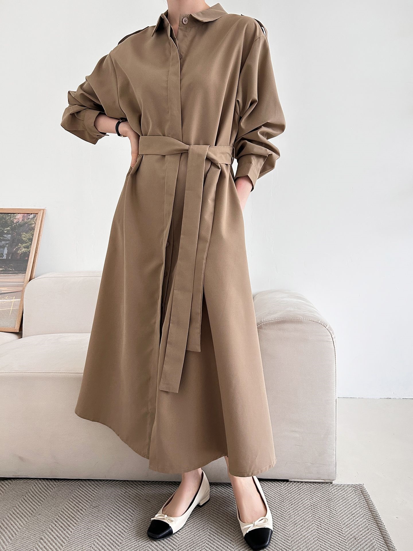 カラーピンタックロングルーズ長袖ワンボタンボタンスリーブループ無地シャツワンピースストラップ付 | 詳細画像7