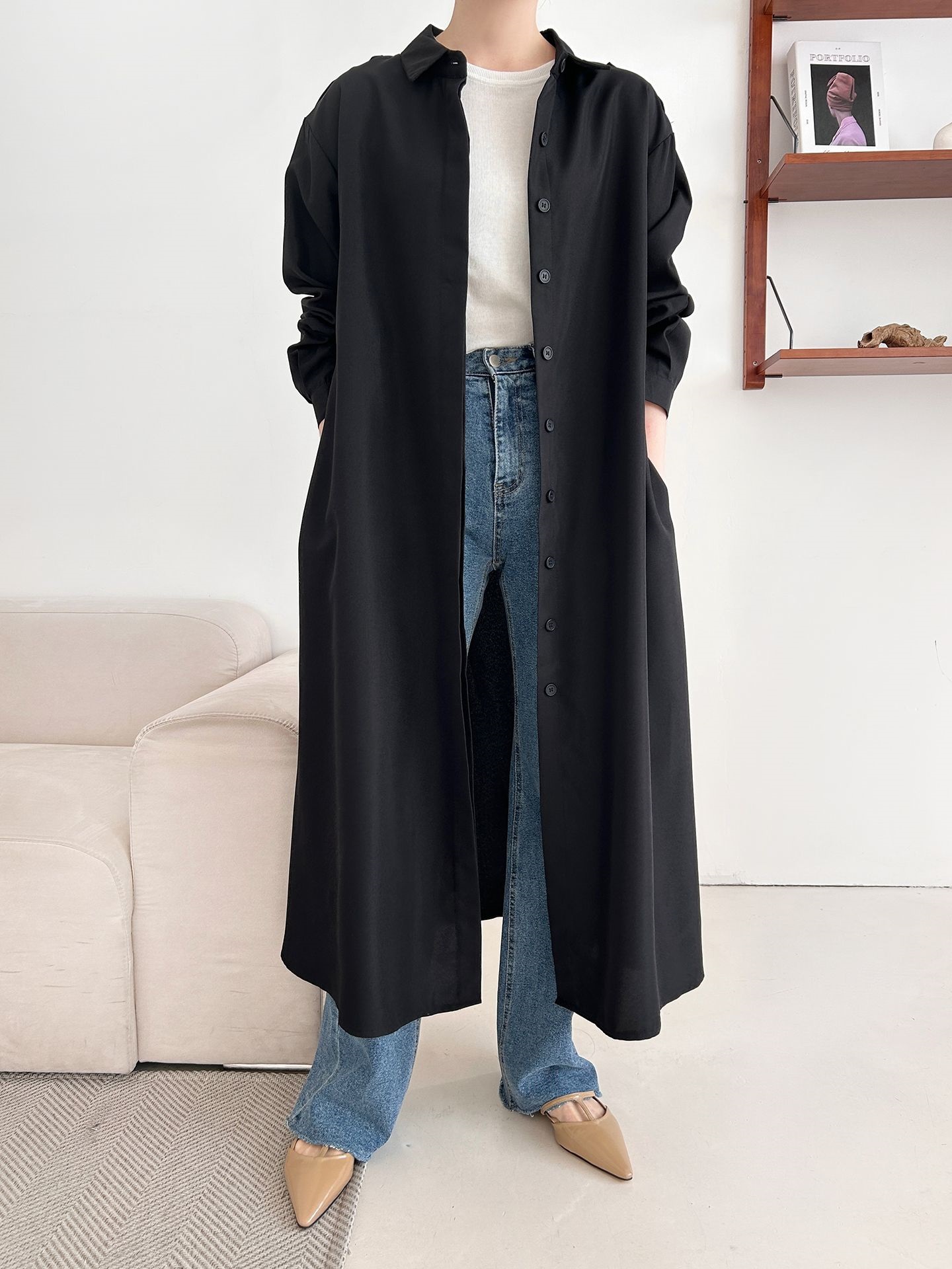 カラーピンタックロングルーズ長袖ワンボタンボタンスリーブループ無地シャツワンピースストラップ付 | 詳細画像12