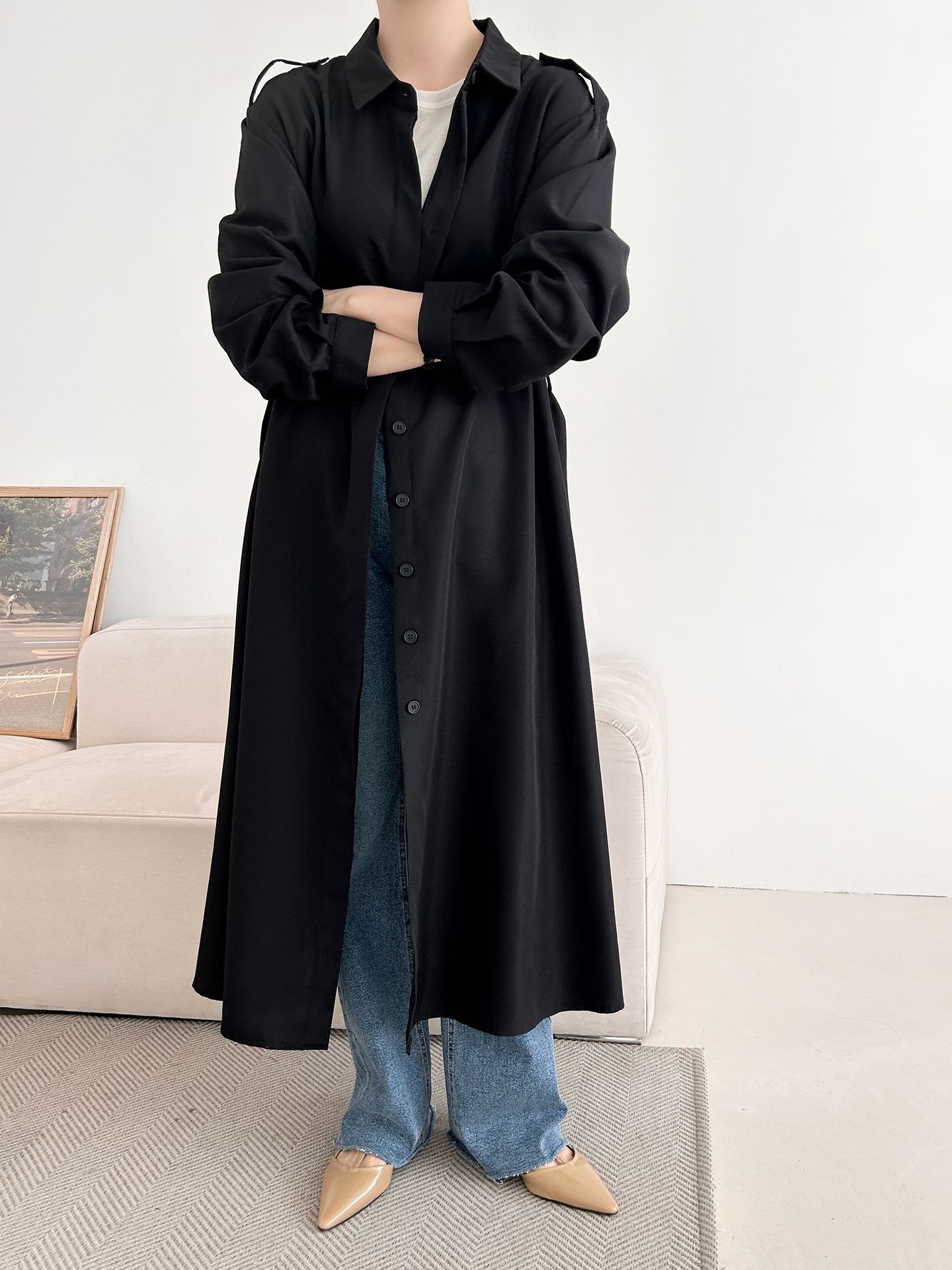 カラーピンタックロングルーズ長袖ワンボタンボタンスリーブループ無地シャツワンピースストラップ付 | 詳細画像13