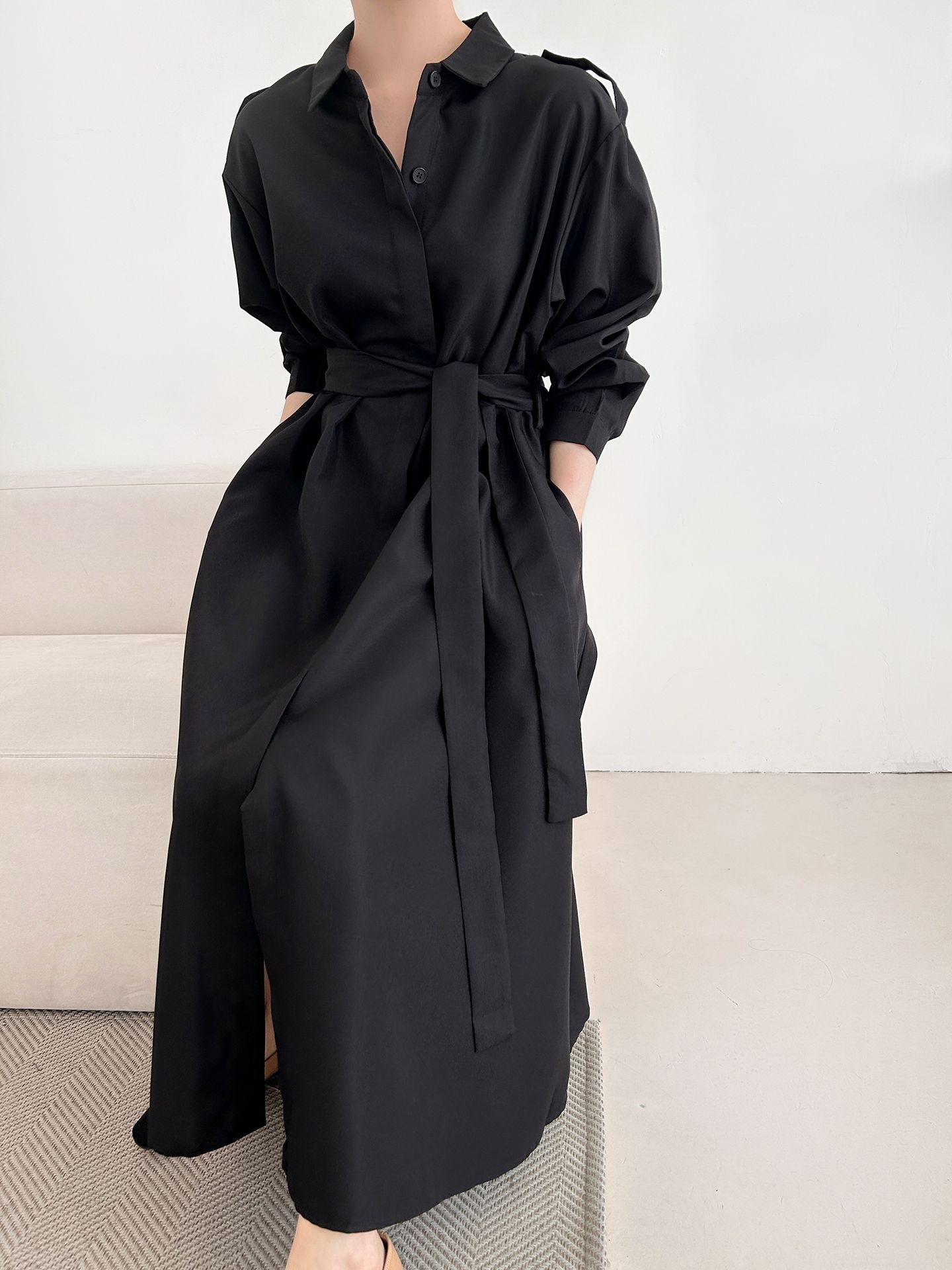 カラーピンタックロングルーズ長袖ワンボタンボタンスリーブループ無地シャツワンピースストラップ付 | 詳細画像15