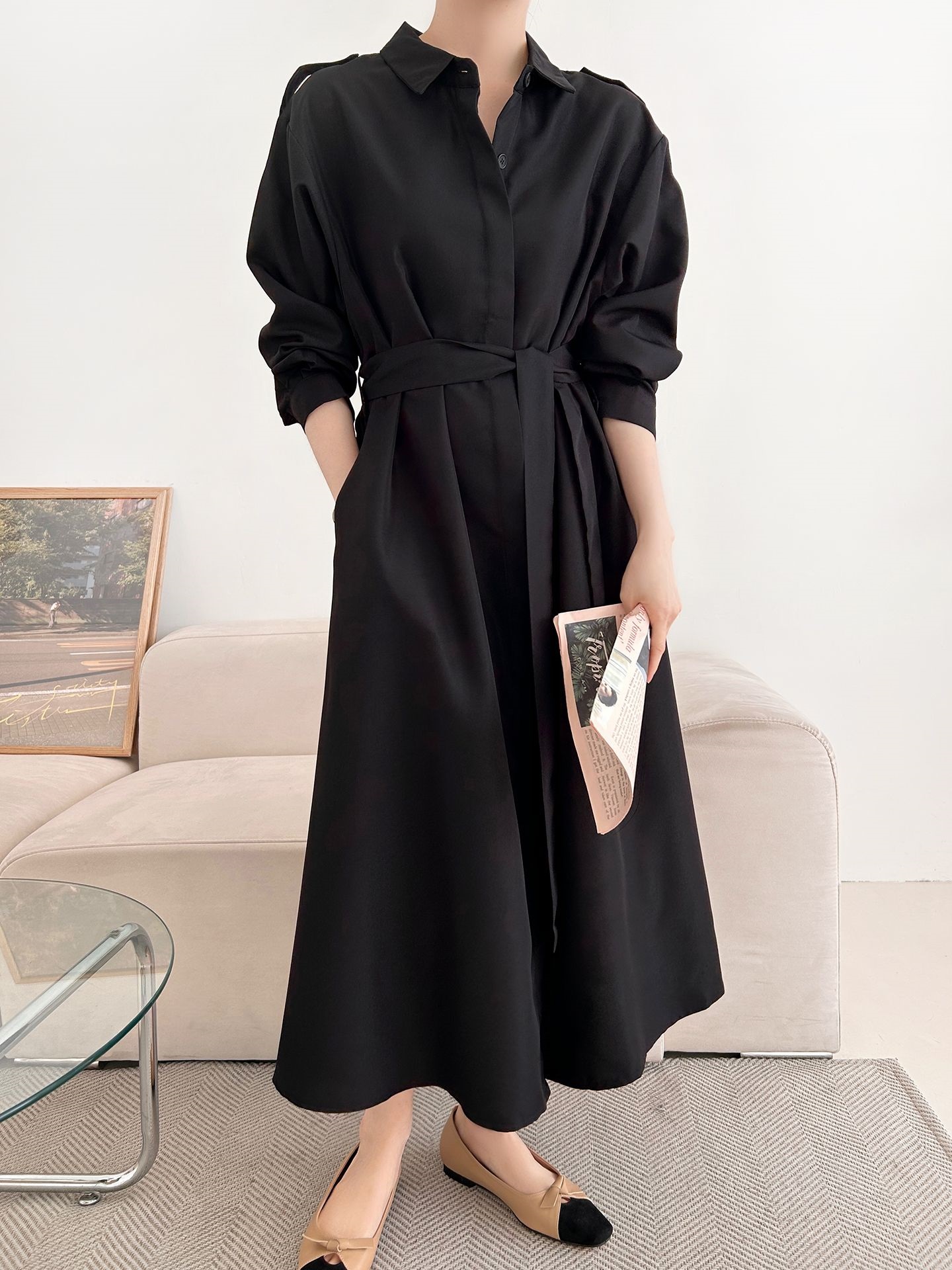 カラーピンタックロングルーズ長袖ワンボタンボタンスリーブループ無地シャツワンピースストラップ付 | 詳細画像16