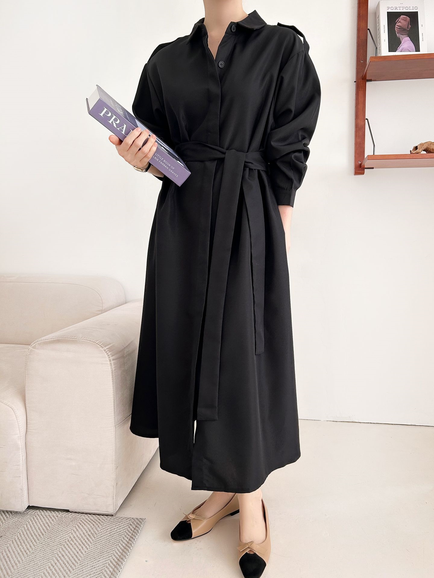 カラーピンタックロングルーズ長袖ワンボタンボタンスリーブループ無地シャツワンピースストラップ付 | 詳細画像17