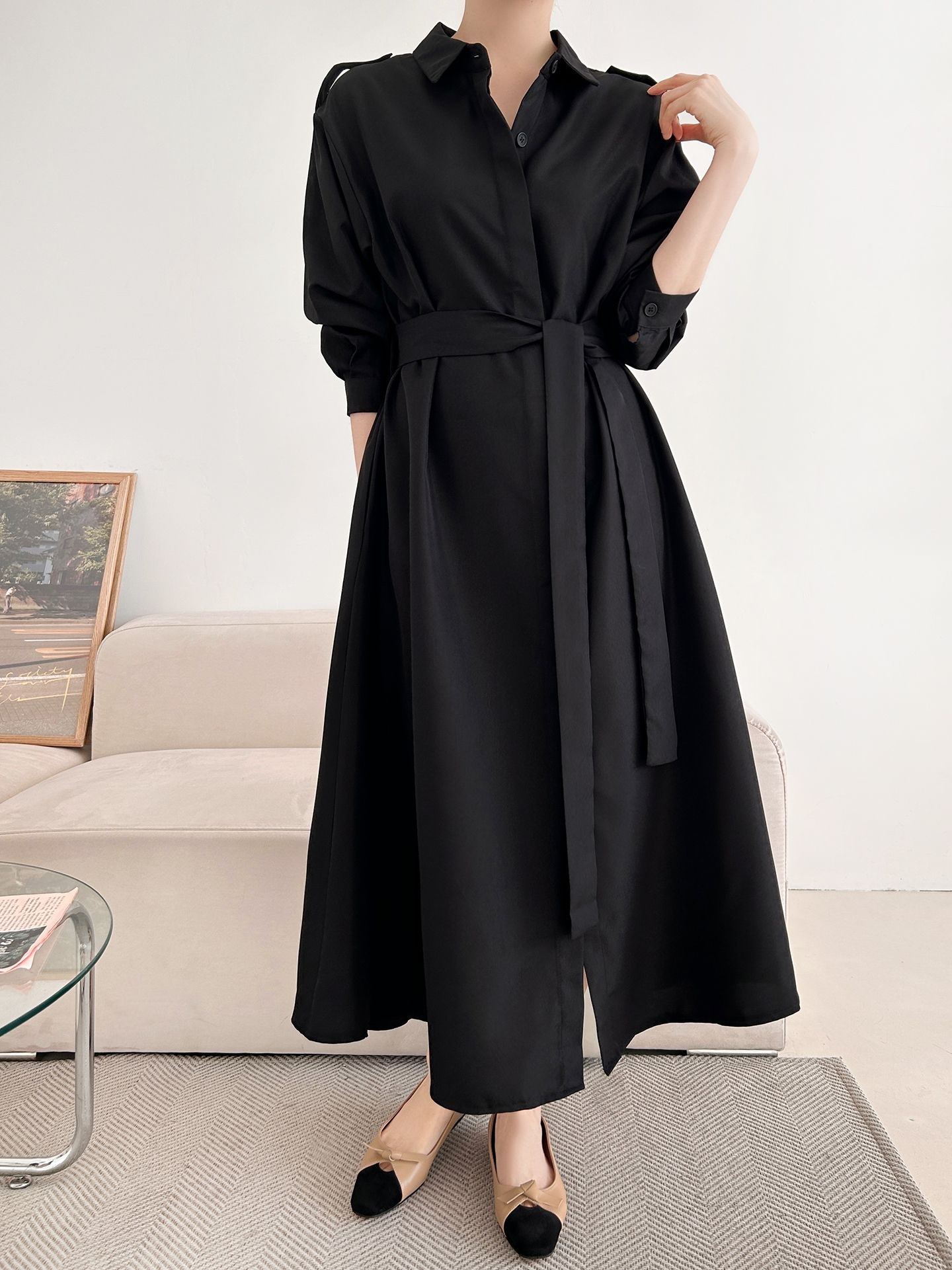 カラーピンタックロングルーズ長袖ワンボタンボタンスリーブループ無地シャツワンピースストラップ付 | 詳細画像18