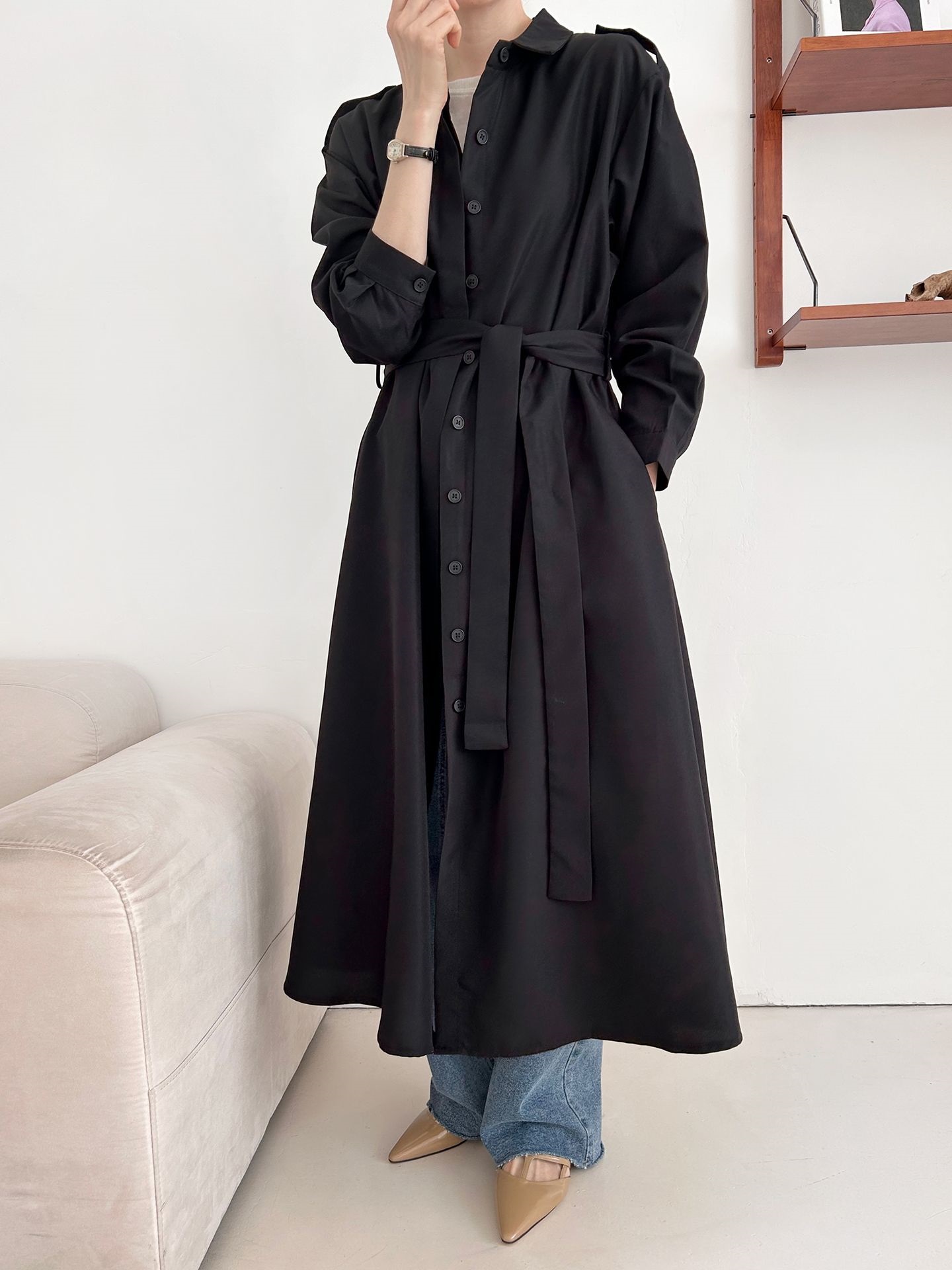 カラーピンタックロングルーズ長袖ワンボタンボタンスリーブループ無地シャツワンピースストラップ付 | 詳細画像20