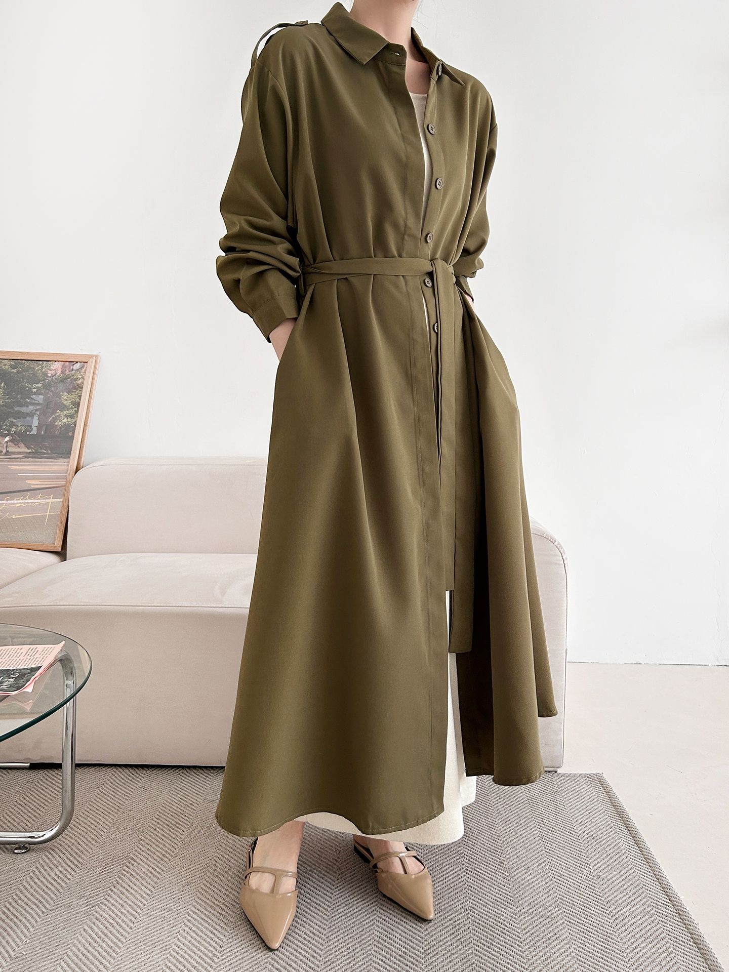 カラーピンタックロングルーズ長袖ワンボタンボタンスリーブループ無地シャツワンピースストラップ付 | 詳細画像26