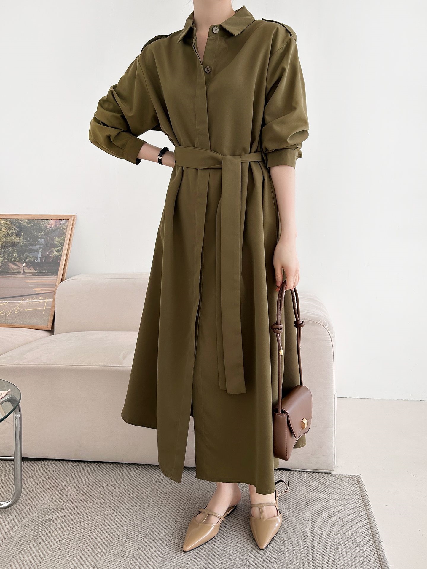 カラーピンタックロングルーズ長袖ワンボタンボタンスリーブループ無地シャツワンピースストラップ付 | 詳細画像27