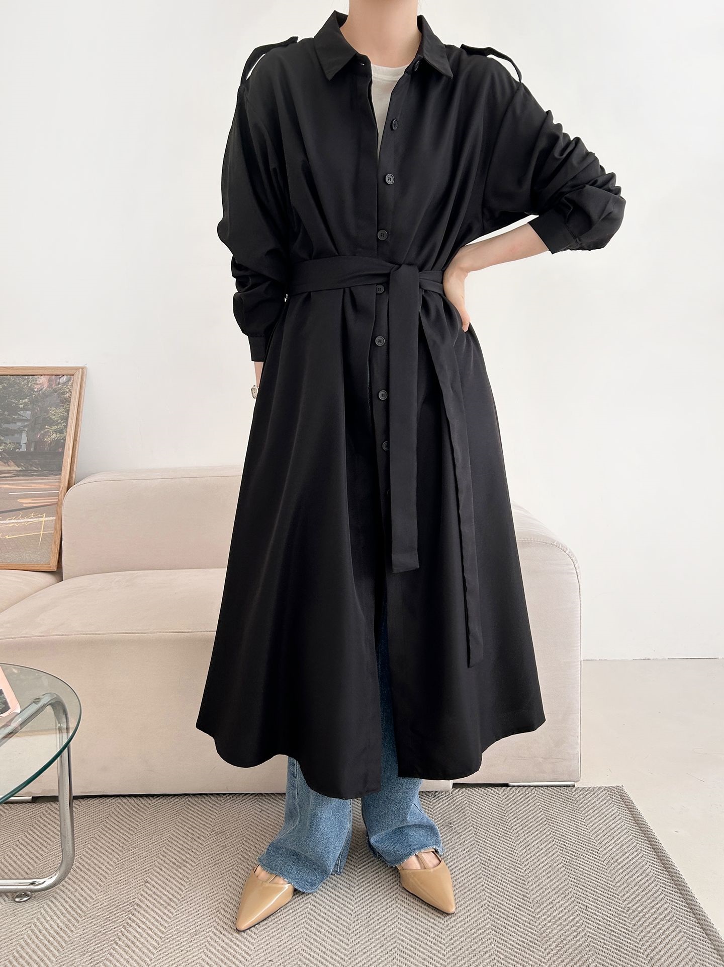 カラーピンタックロングルーズ長袖ワンボタンボタンスリーブループ無地シャツワンピースストラップ付 | 詳細画像14