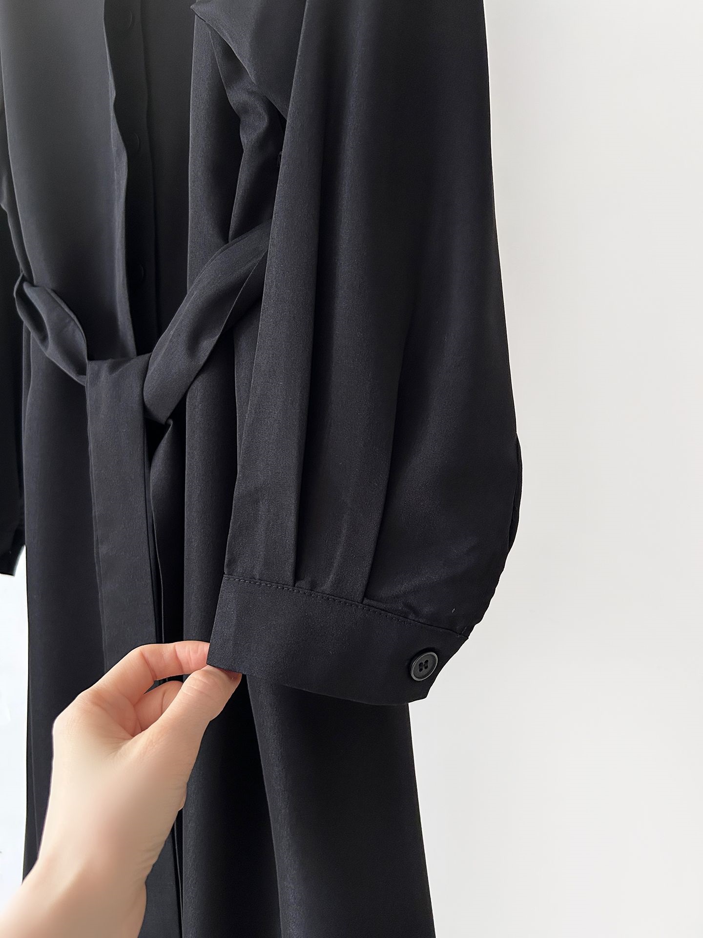 カラーピンタックロングルーズ長袖ワンボタンボタンスリーブループ無地シャツワンピースストラップ付 | 詳細画像41