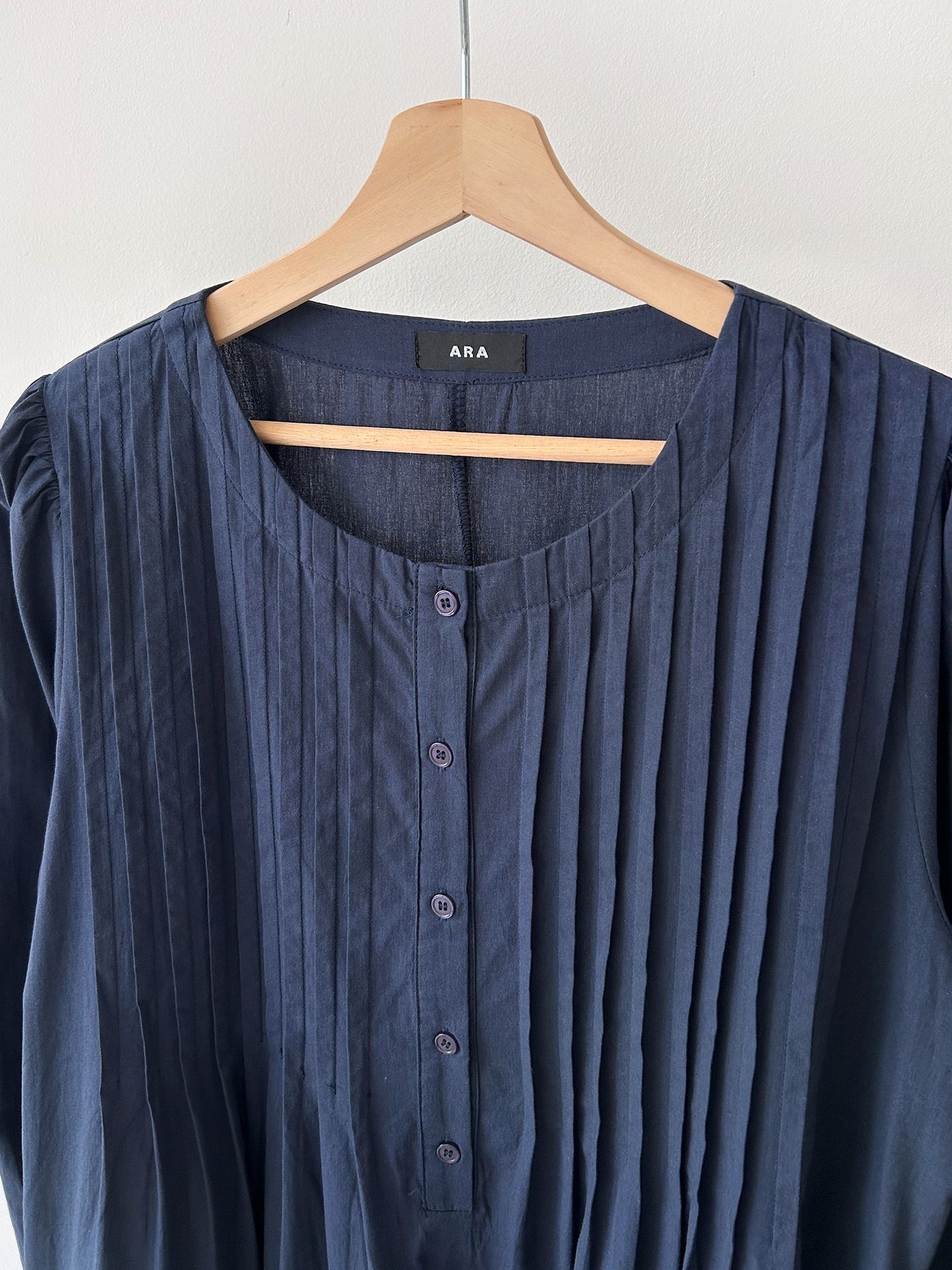 コットンボタンラウンドネックピンタックパフスリーブロングルーズ長袖フレア無地ワンピース | 詳細画像41