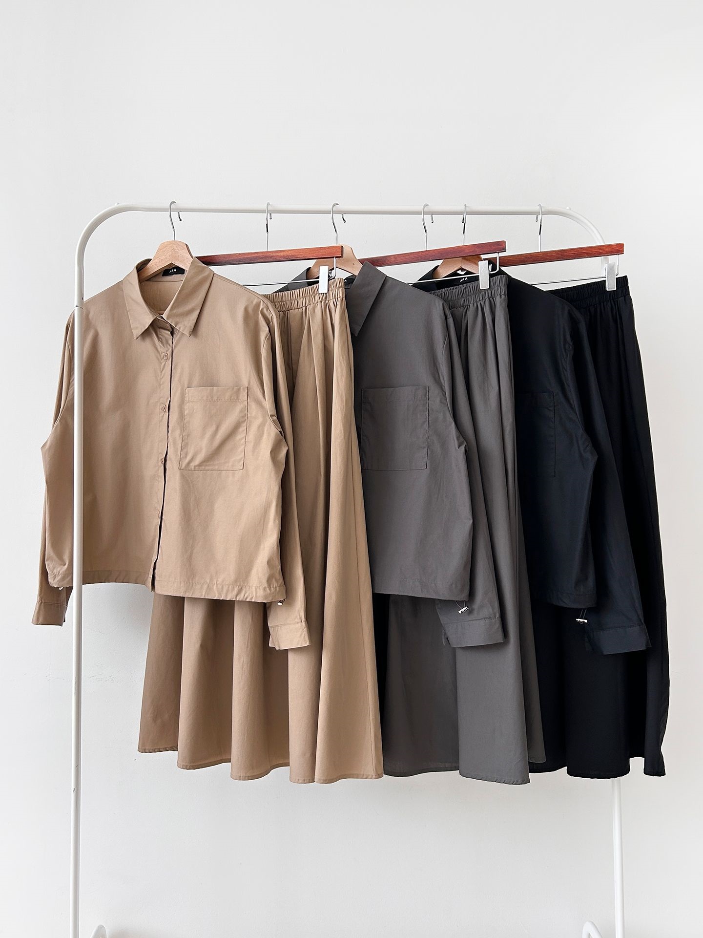 ボタンカラーシャーリングウエストゴムオーバーサイズドローコード長袖ワンポケットフレアボタンスリーブ無地ツーピース(トップス、ボトムス)スカートシャツ | 詳細画像35