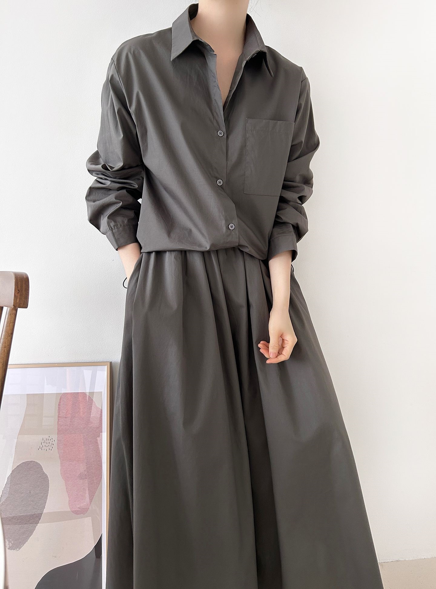 ボタンカラーシャーリングウエストゴムオーバーサイズドローコード長袖ワンポケットフレアボタンスリーブ無地ツーピース(トップス、ボトムス)スカートシャツ | 詳細画像2