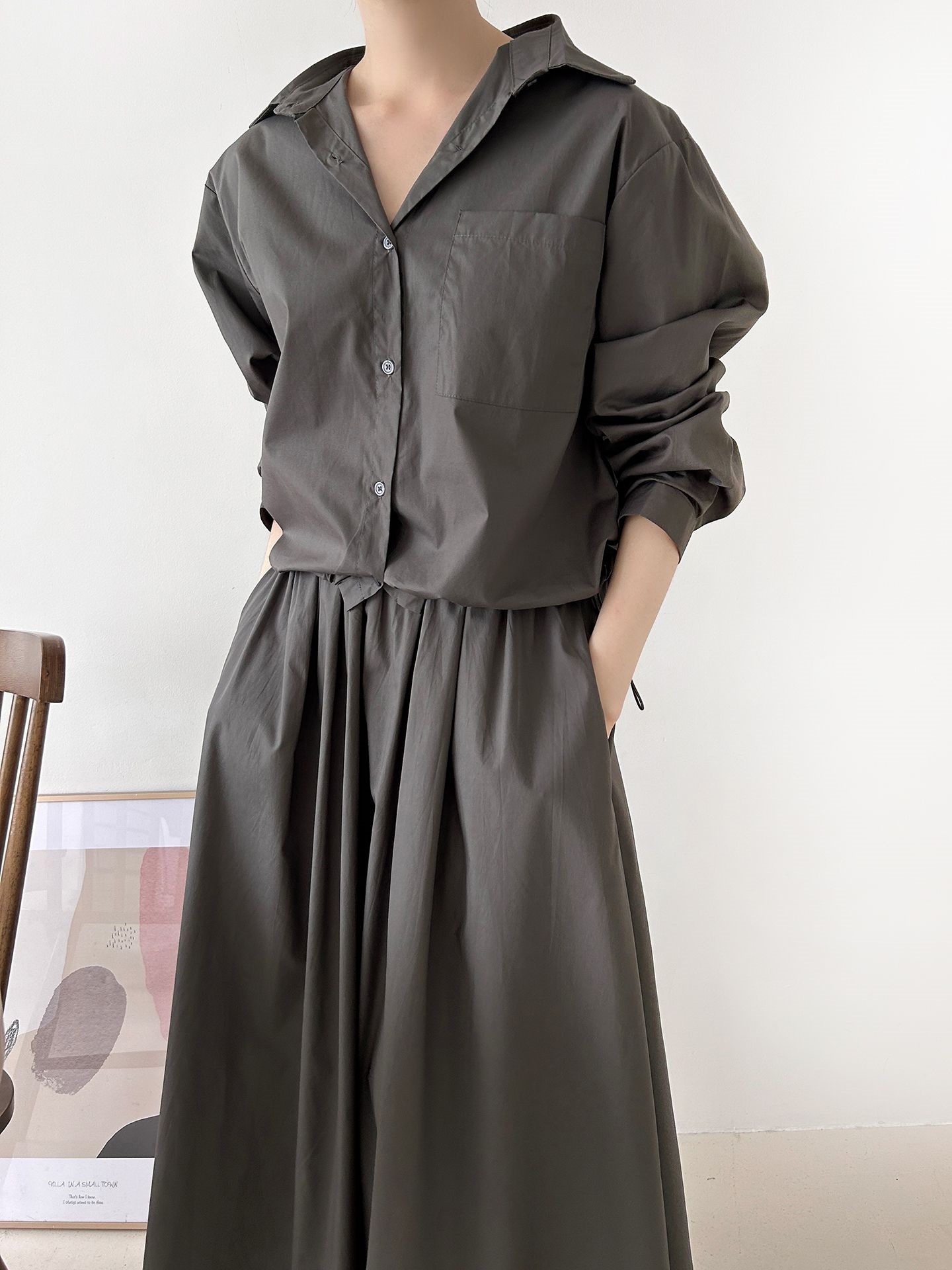 ボタンカラーシャーリングウエストゴムオーバーサイズドローコード長袖ワンポケットフレアボタンスリーブ無地ツーピース(トップス、ボトムス)スカートシャツ | 詳細画像3