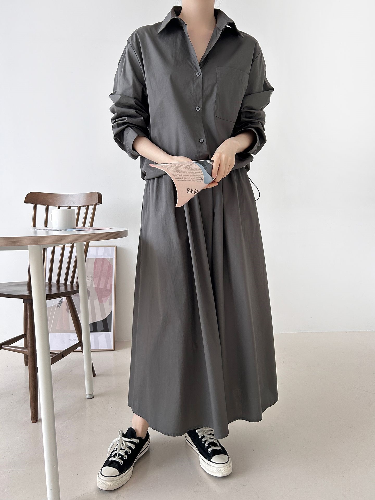 ボタンカラーシャーリングウエストゴムオーバーサイズドローコード長袖ワンポケットフレアボタンスリーブ無地ツーピース(トップス、ボトムス)スカートシャツ | 詳細画像4