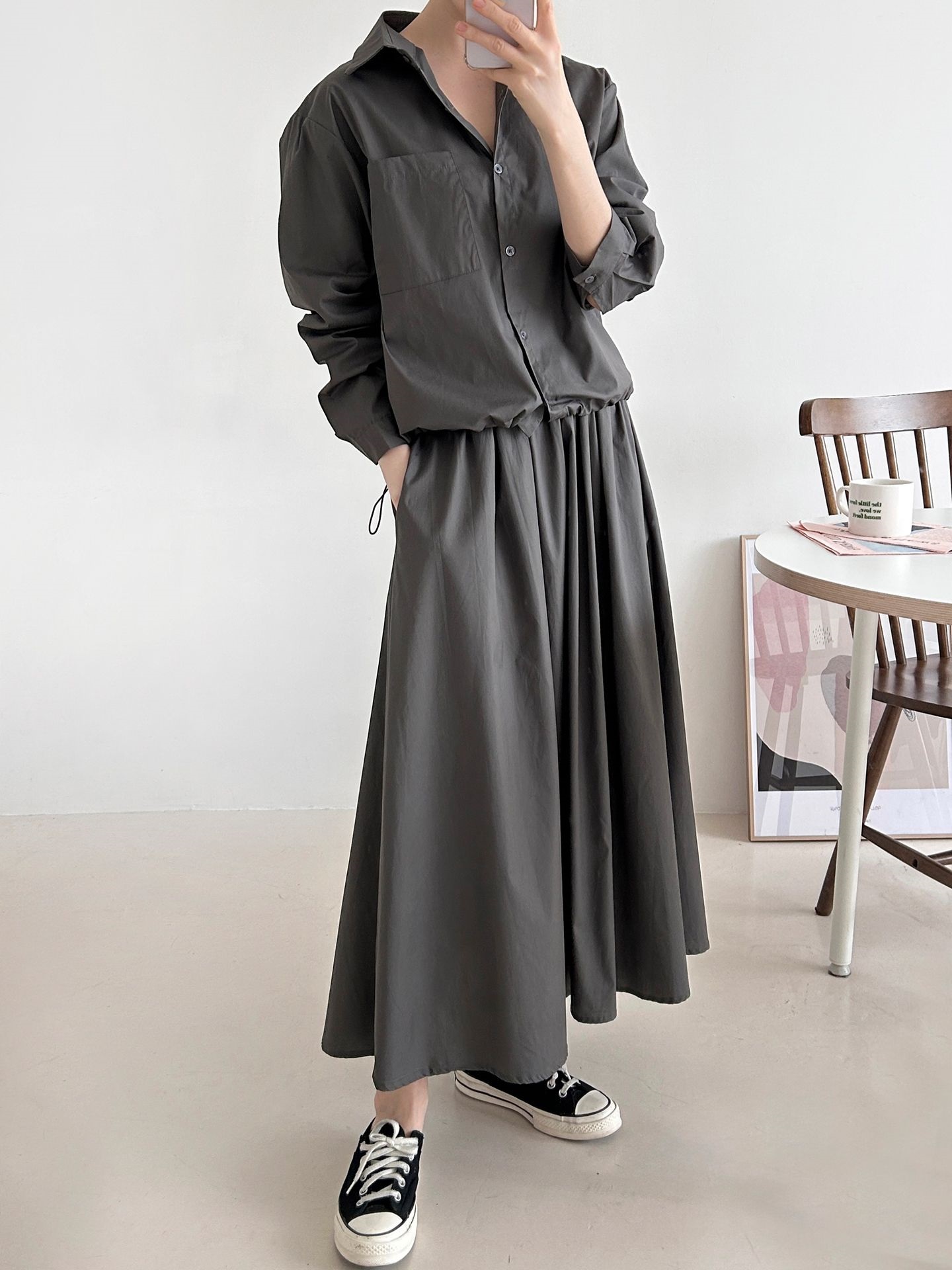 ボタンカラーシャーリングウエストゴムオーバーサイズドローコード長袖ワンポケットフレアボタンスリーブ無地ツーピース(トップス、ボトムス)スカートシャツ | 詳細画像5