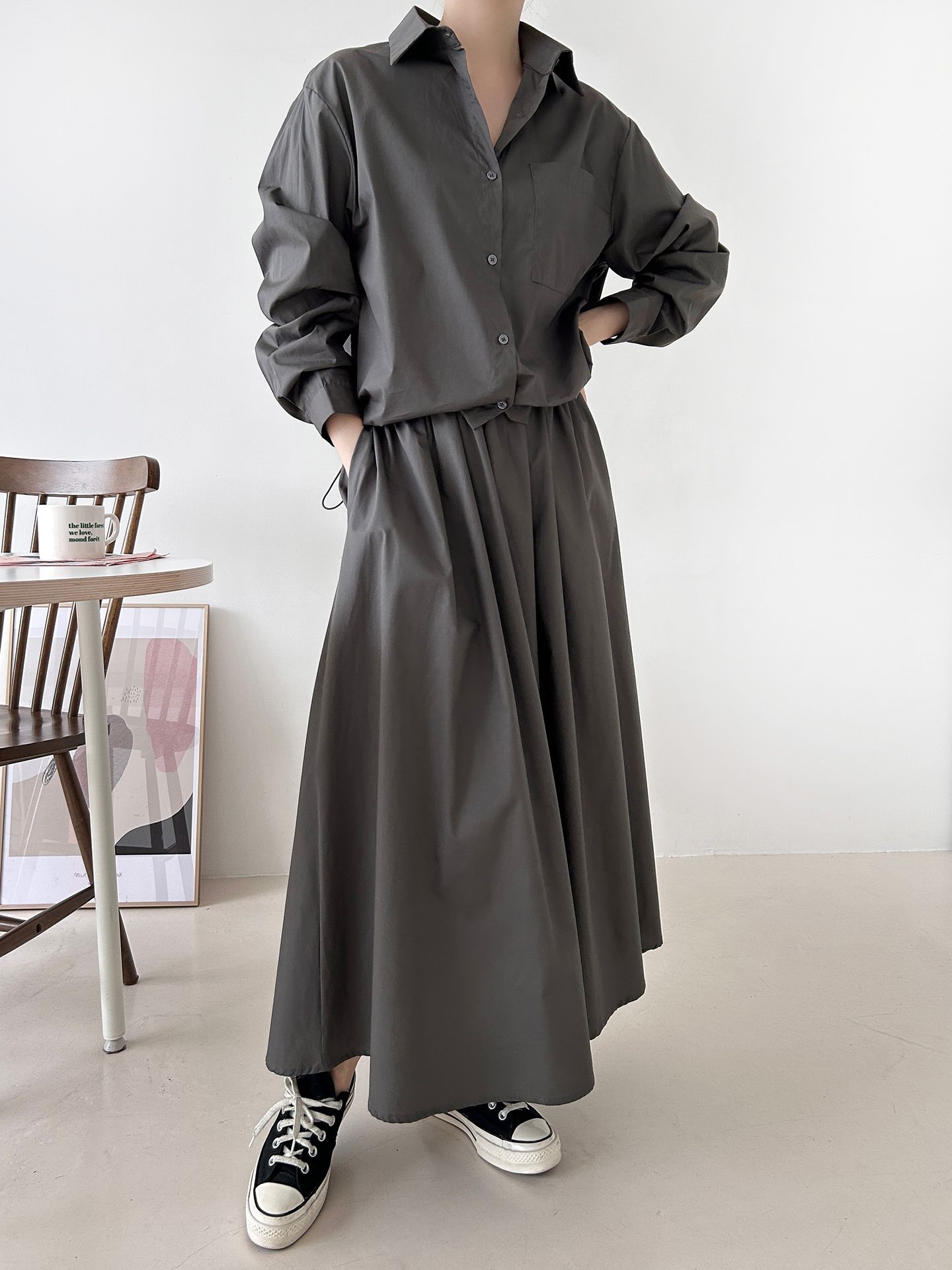 ボタンカラーシャーリングウエストゴムオーバーサイズドローコード長袖ワンポケットフレアボタンスリーブ無地ツーピース(トップス、ボトムス)スカートシャツ | 詳細画像6