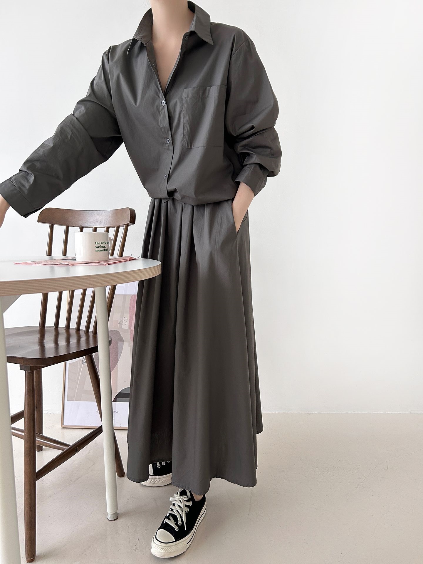 ボタンカラーシャーリングウエストゴムオーバーサイズドローコード長袖ワンポケットフレアボタンスリーブ無地ツーピース(トップス、ボトムス)スカートシャツ | 詳細画像7