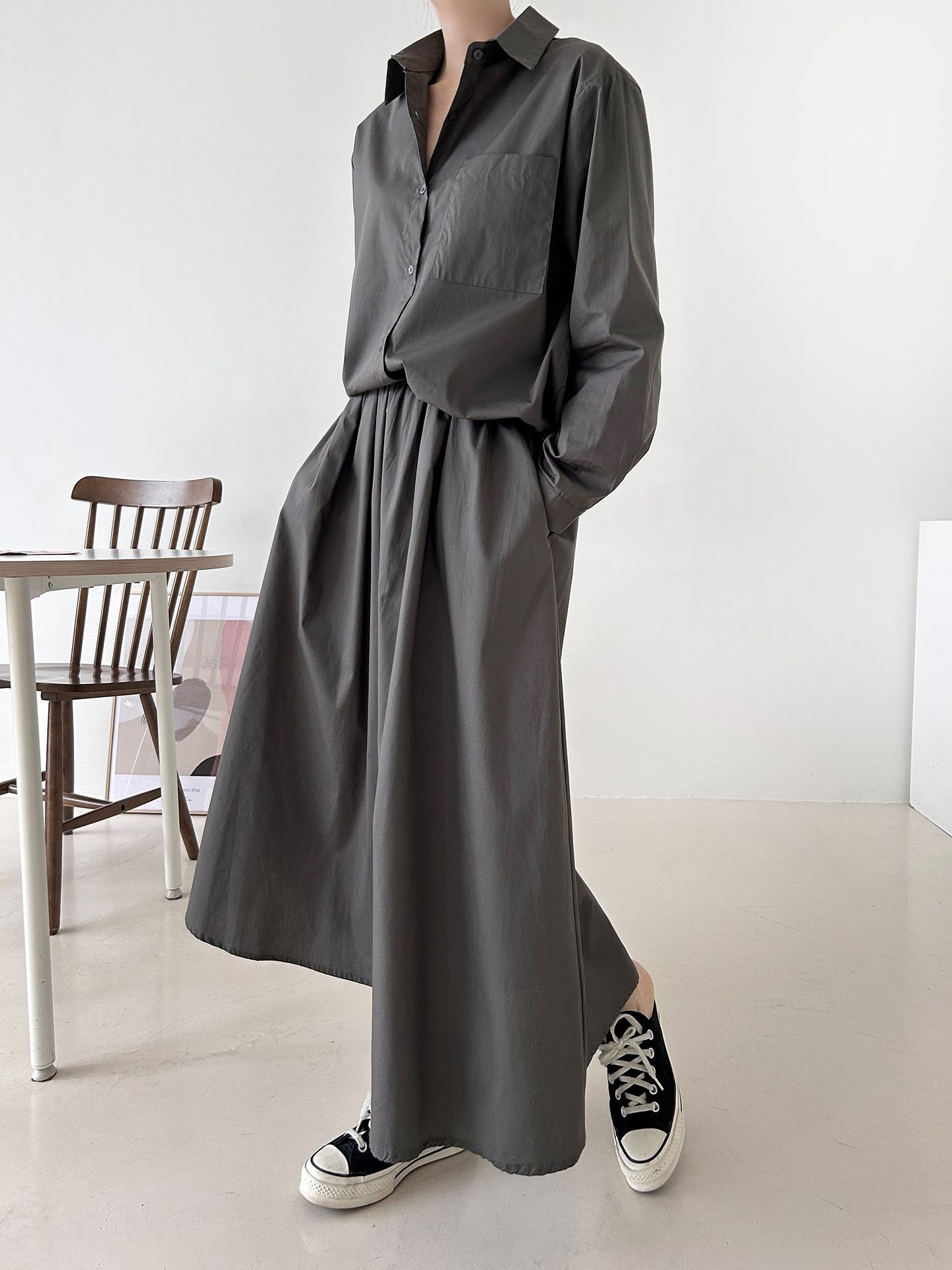 ボタンカラーシャーリングウエストゴムオーバーサイズドローコード長袖ワンポケットフレアボタンスリーブ無地ツーピース(トップス、ボトムス)スカートシャツ | 詳細画像8