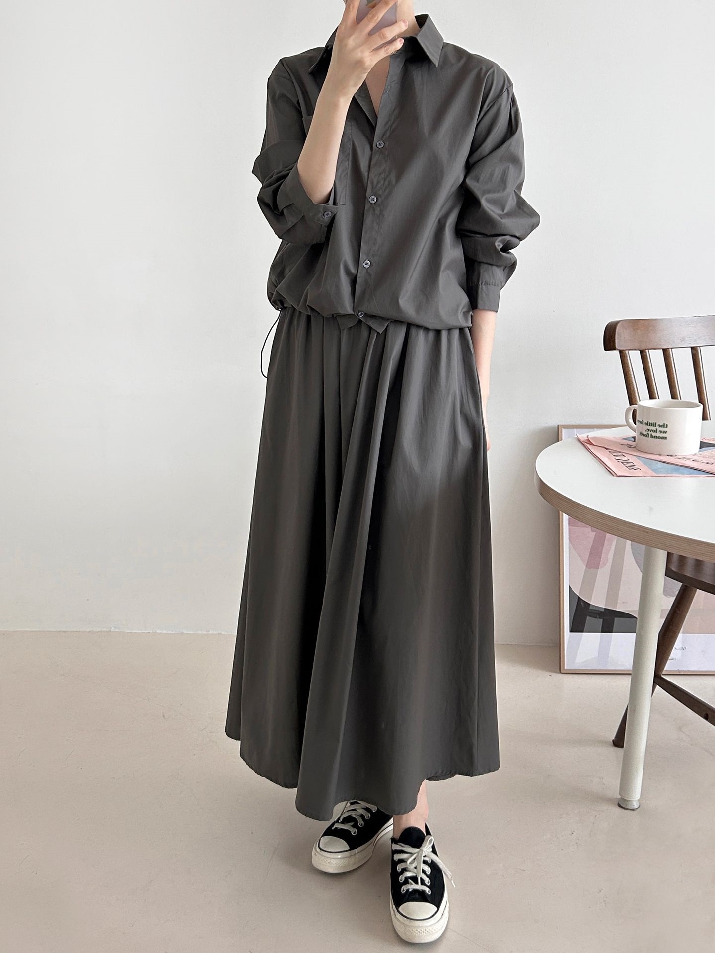 ボタンカラーシャーリングウエストゴムオーバーサイズドローコード長袖ワンポケットフレアボタンスリーブ無地ツーピース(トップス、ボトムス)スカートシャツ | 詳細画像9
