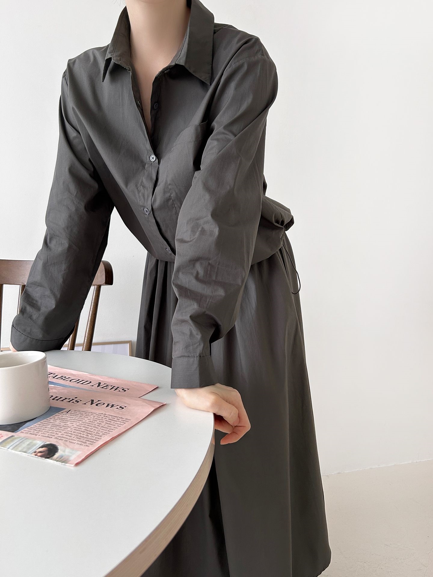 ボタンカラーシャーリングウエストゴムオーバーサイズドローコード長袖ワンポケットフレアボタンスリーブ無地ツーピース(トップス、ボトムス)スカートシャツ | 詳細画像10