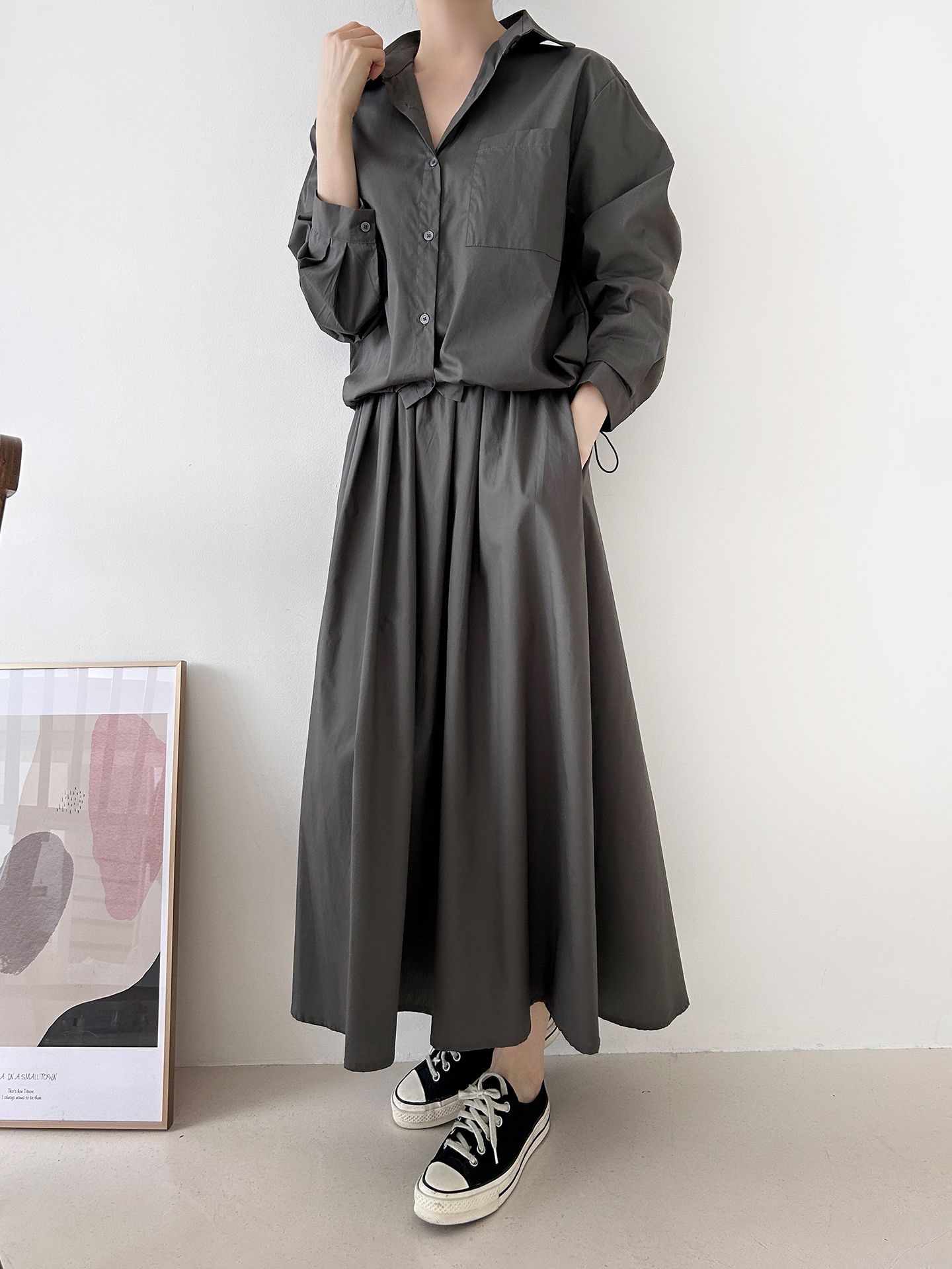 ボタンカラーシャーリングウエストゴムオーバーサイズドローコード長袖ワンポケットフレアボタンスリーブ無地ツーピース(トップス、ボトムス)スカートシャツ | 詳細画像11