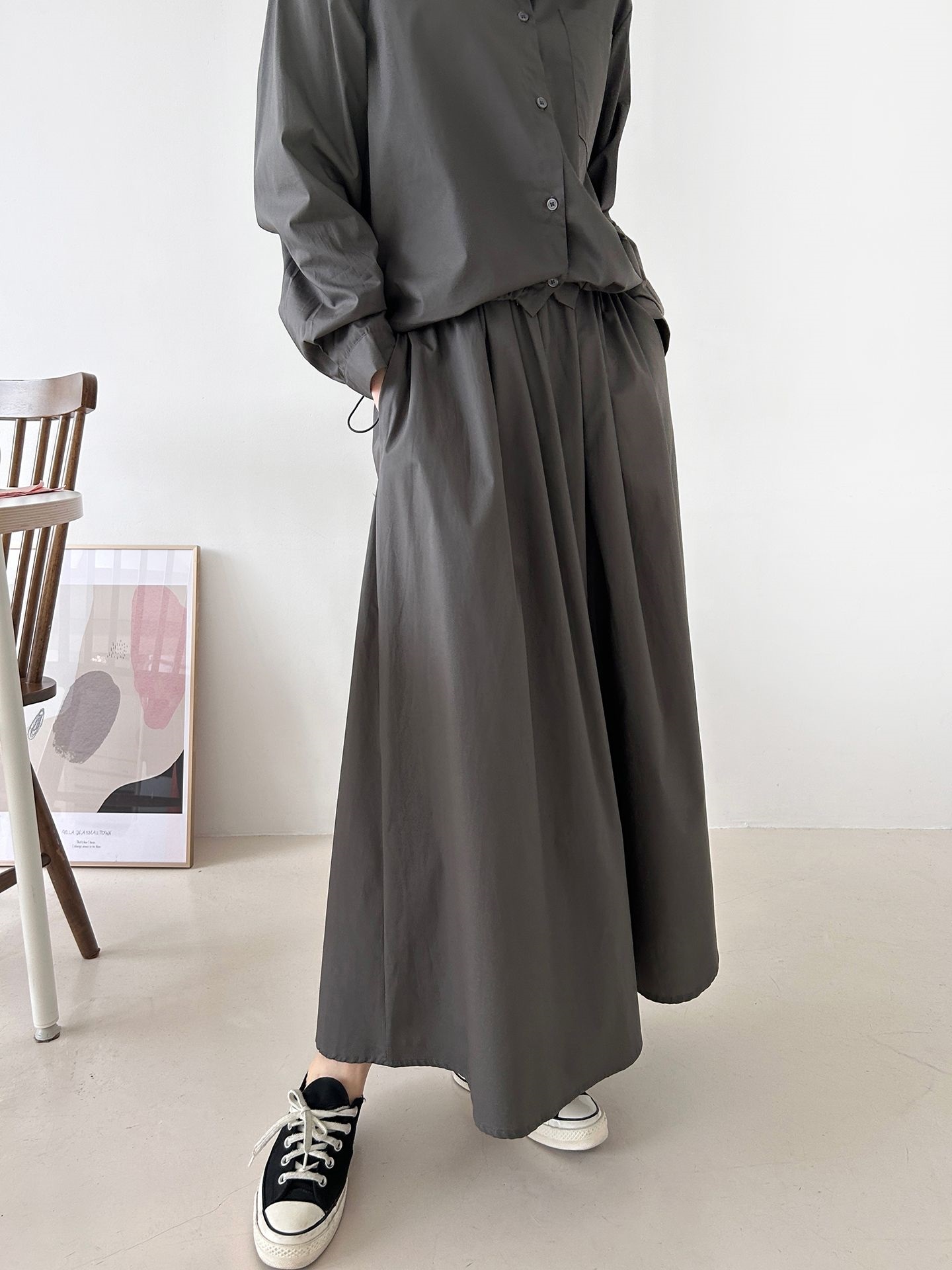 ボタンカラーシャーリングウエストゴムオーバーサイズドローコード長袖ワンポケットフレアボタンスリーブ無地ツーピース(トップス、ボトムス)スカートシャツ | 詳細画像12
