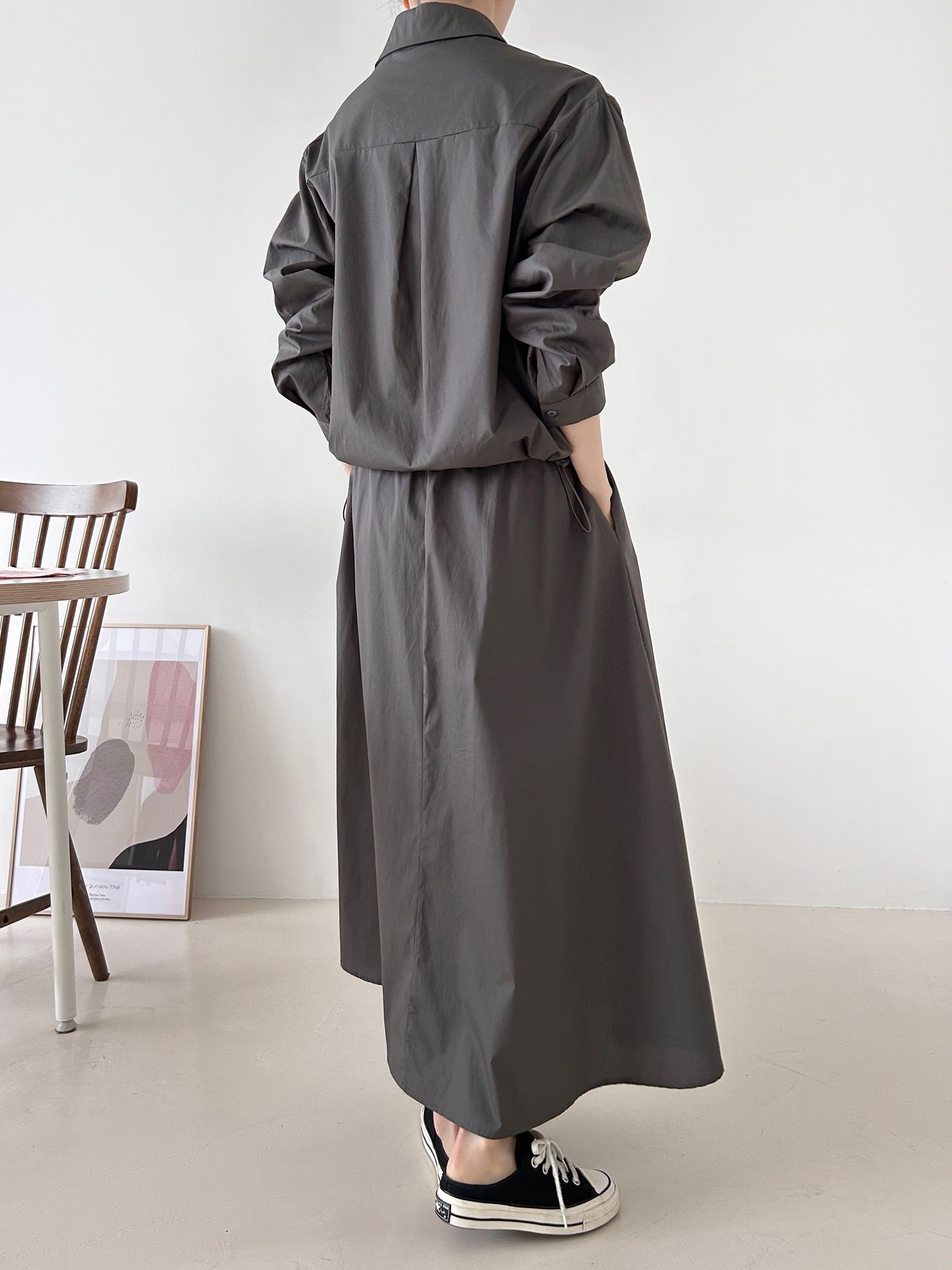 ボタンカラーシャーリングウエストゴムオーバーサイズドローコード長袖ワンポケットフレアボタンスリーブ無地ツーピース(トップス、ボトムス)スカートシャツ | 詳細画像13