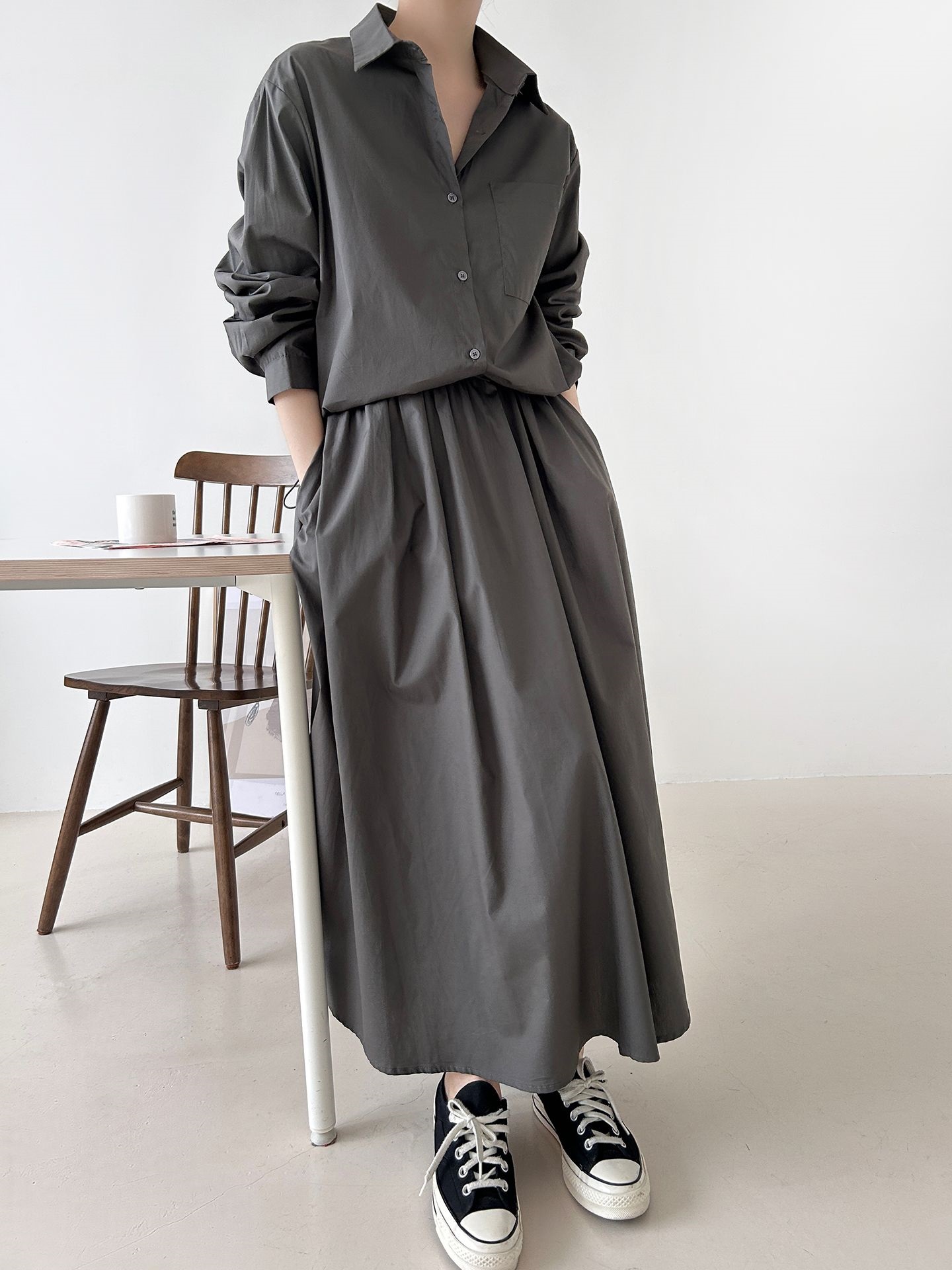 ボタンカラーシャーリングウエストゴムオーバーサイズドローコード長袖ワンポケットフレアボタンスリーブ無地ツーピース(トップス、ボトムス)スカートシャツ | 詳細画像14