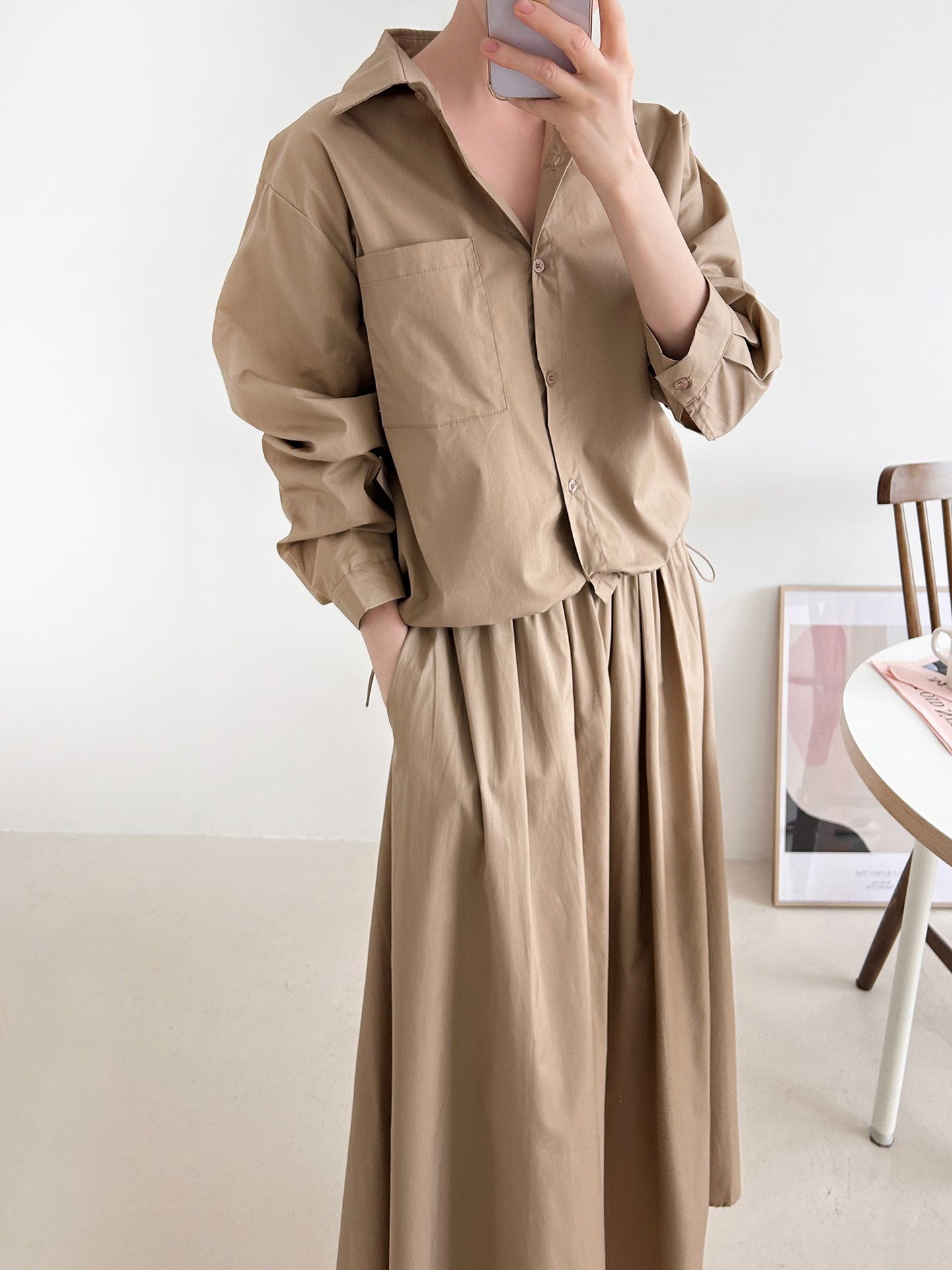 ボタンカラーシャーリングウエストゴムオーバーサイズドローコード長袖ワンポケットフレアボタンスリーブ無地ツーピース(トップス、ボトムス)スカートシャツ | 詳細画像15