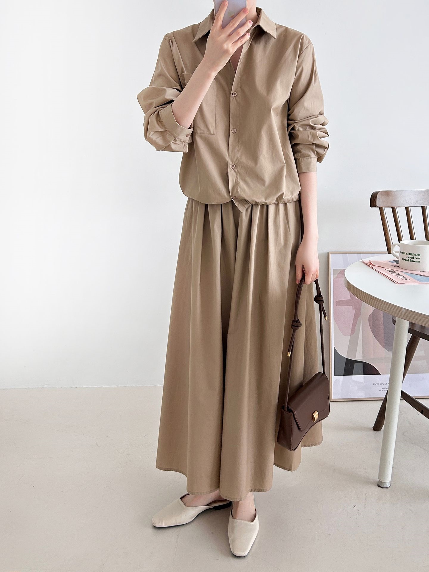 ボタンカラーシャーリングウエストゴムオーバーサイズドローコード長袖ワンポケットフレアボタンスリーブ無地ツーピース(トップス、ボトムス)スカートシャツ | 詳細画像16