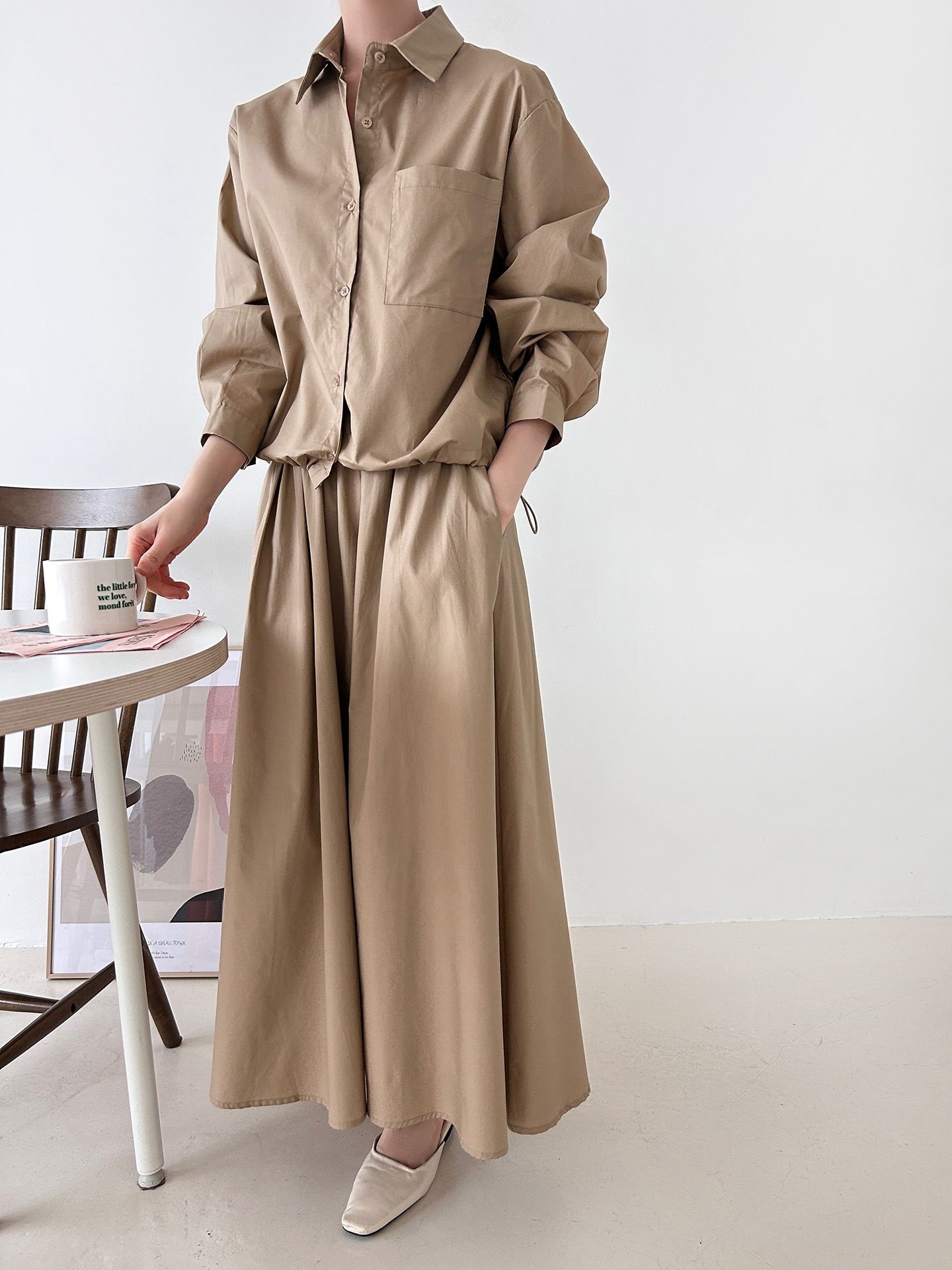 ボタンカラーシャーリングウエストゴムオーバーサイズドローコード長袖ワンポケットフレアボタンスリーブ無地ツーピース(トップス、ボトムス)スカートシャツ | 詳細画像17