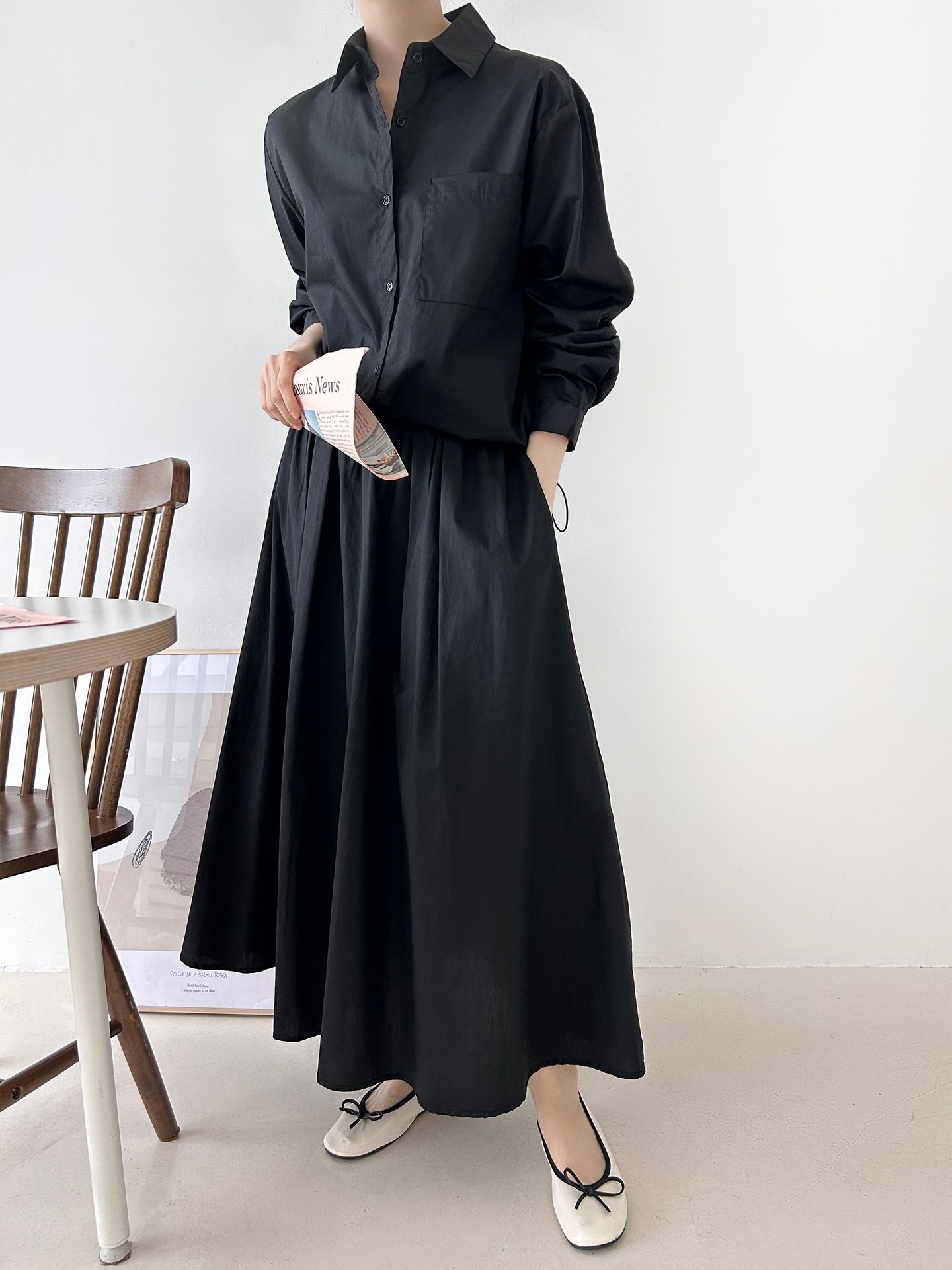 ボタンカラーシャーリングウエストゴムオーバーサイズドローコード長袖ワンポケットフレアボタンスリーブ無地ツーピース(トップス、ボトムス)スカートシャツ | 詳細画像27