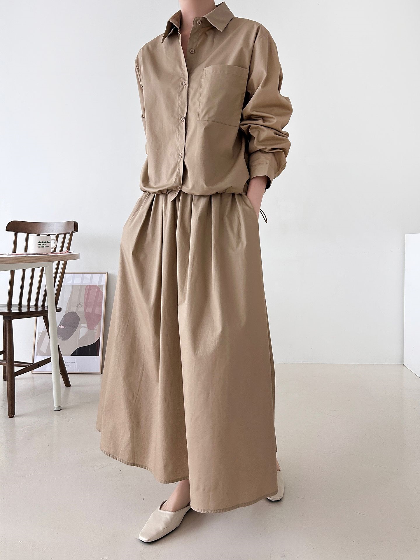 ボタンカラーシャーリングウエストゴムオーバーサイズドローコード長袖ワンポケットフレアボタンスリーブ無地ツーピース(トップス、ボトムス)スカートシャツ | 詳細画像19