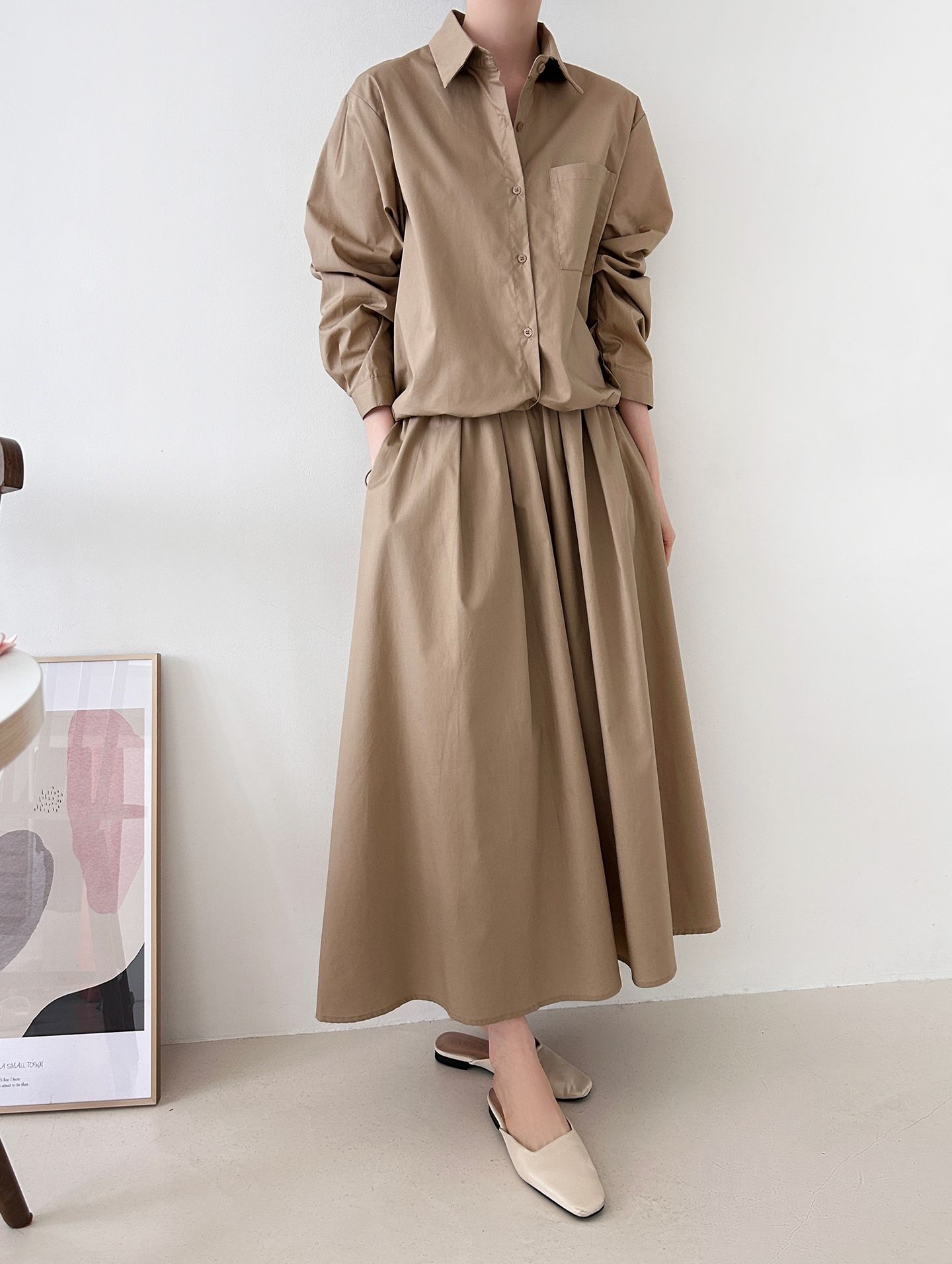 ボタンカラーシャーリングウエストゴムオーバーサイズドローコード長袖ワンポケットフレアボタンスリーブ無地ツーピース(トップス、ボトムス)スカートシャツ | 詳細画像20