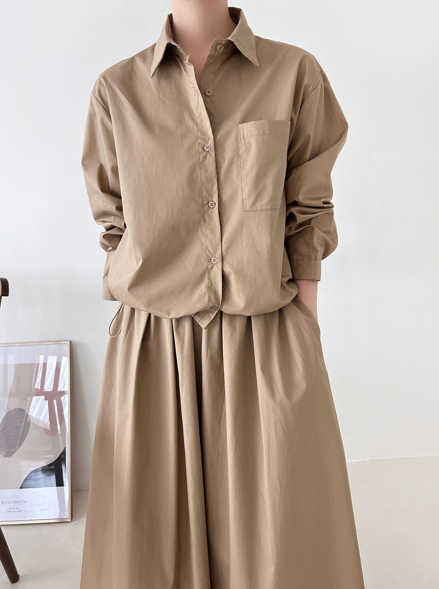 ボタンカラーシャーリングウエストゴムオーバーサイズドローコード長袖ワンポケットフレアボタンスリーブ無地ツーピース(トップス、ボトムス)スカートシャツ | 詳細画像21