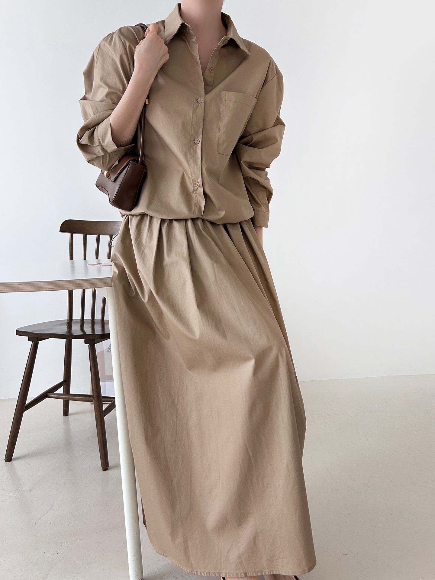 ボタンカラーシャーリングウエストゴムオーバーサイズドローコード長袖ワンポケットフレアボタンスリーブ無地ツーピース(トップス、ボトムス)スカートシャツ | 詳細画像22