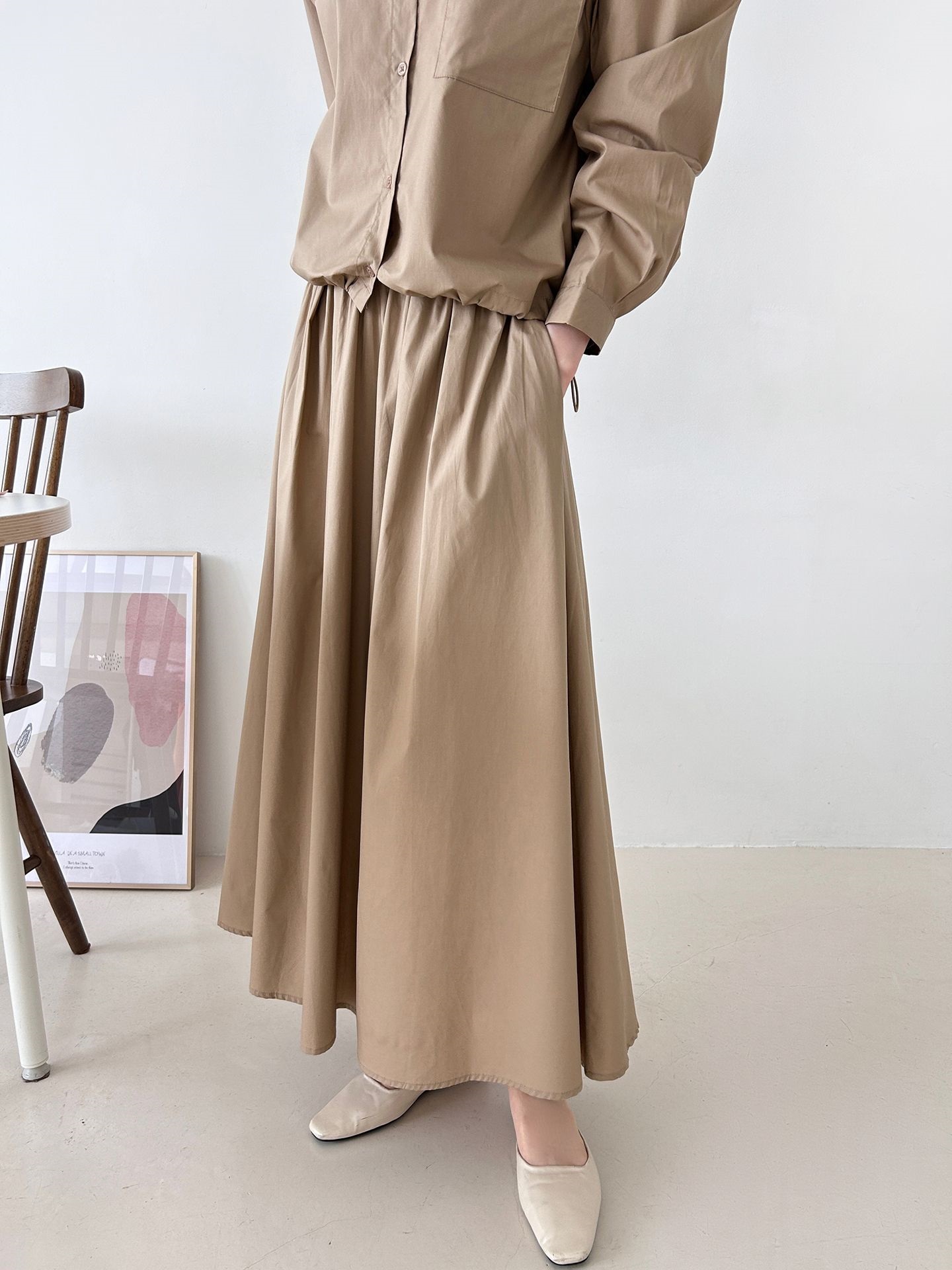 ボタンカラーシャーリングウエストゴムオーバーサイズドローコード長袖ワンポケットフレアボタンスリーブ無地ツーピース(トップス、ボトムス)スカートシャツ | 詳細画像23