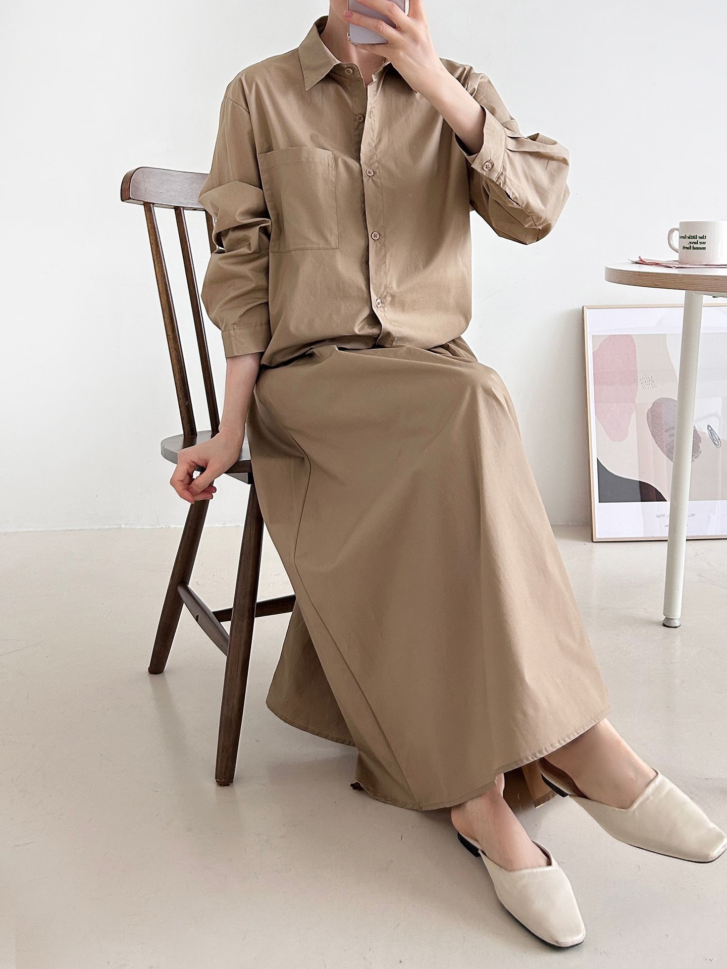 ボタンカラーシャーリングウエストゴムオーバーサイズドローコード長袖ワンポケットフレアボタンスリーブ無地ツーピース(トップス、ボトムス)スカートシャツ | 詳細画像24