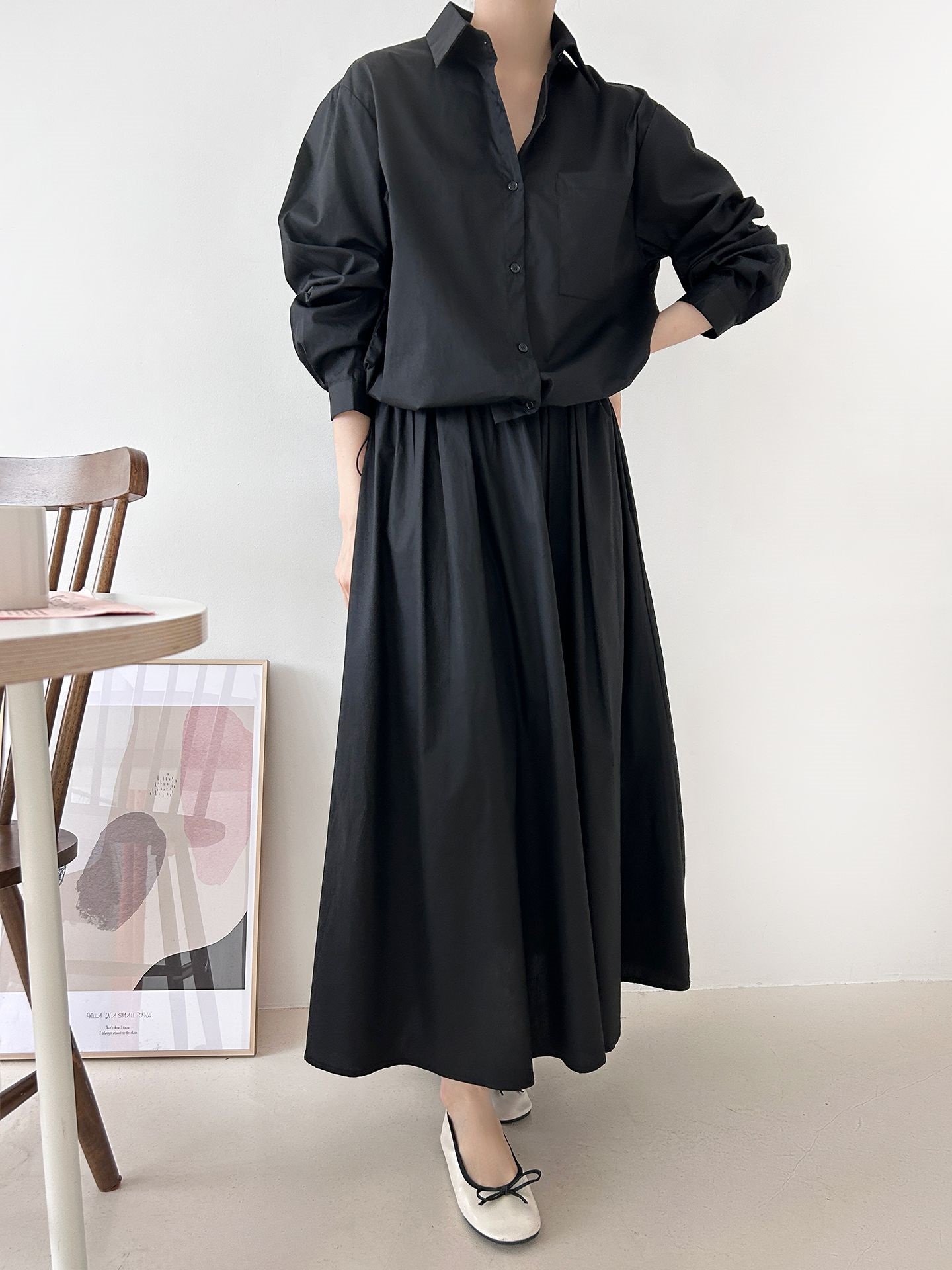 ボタンカラーシャーリングウエストゴムオーバーサイズドローコード長袖ワンポケットフレアボタンスリーブ無地ツーピース(トップス、ボトムス)スカートシャツ | 詳細画像25