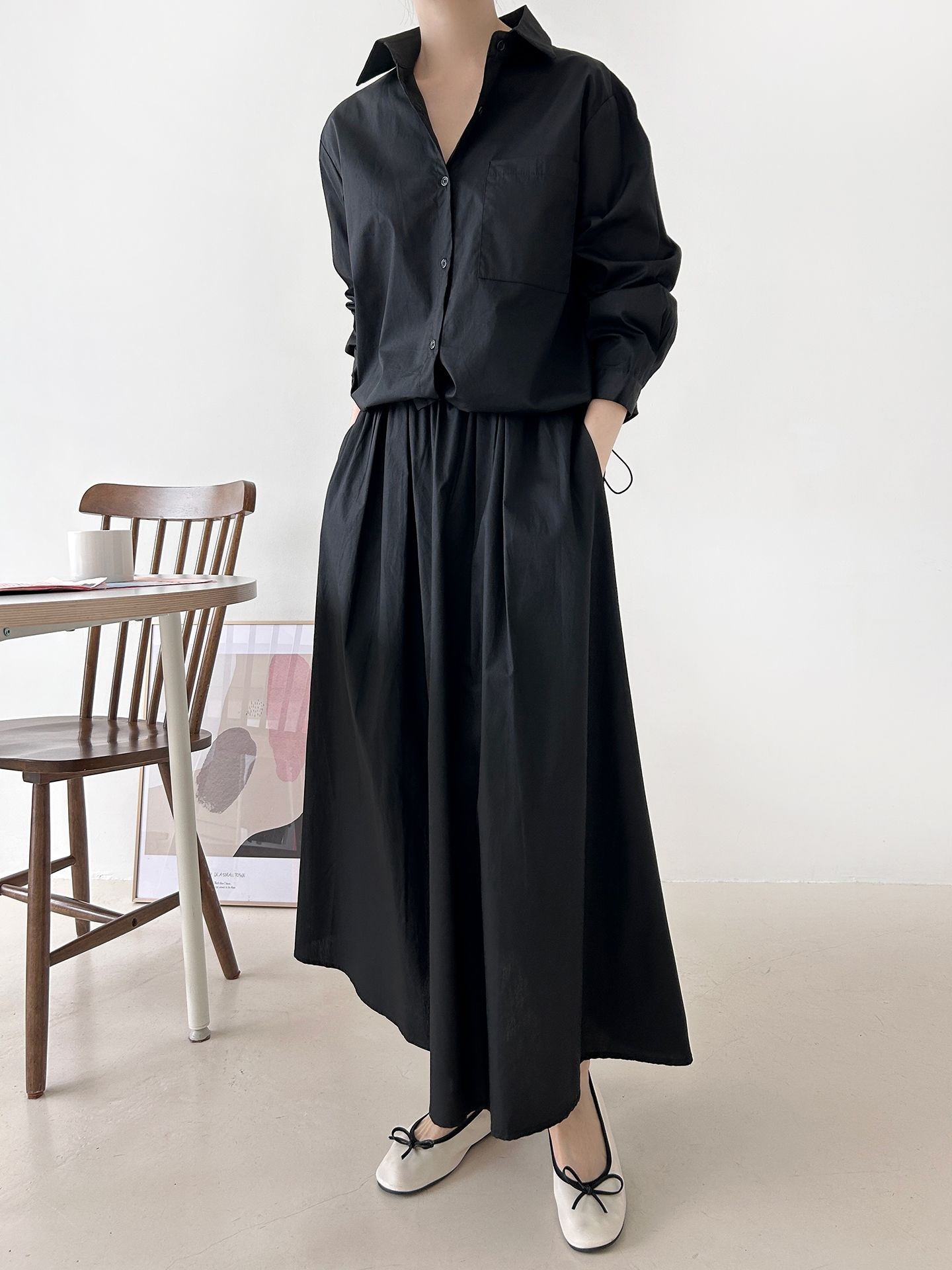 ボタンカラーシャーリングウエストゴムオーバーサイズドローコード長袖ワンポケットフレアボタンスリーブ無地ツーピース(トップス、ボトムス)スカートシャツ | 詳細画像26