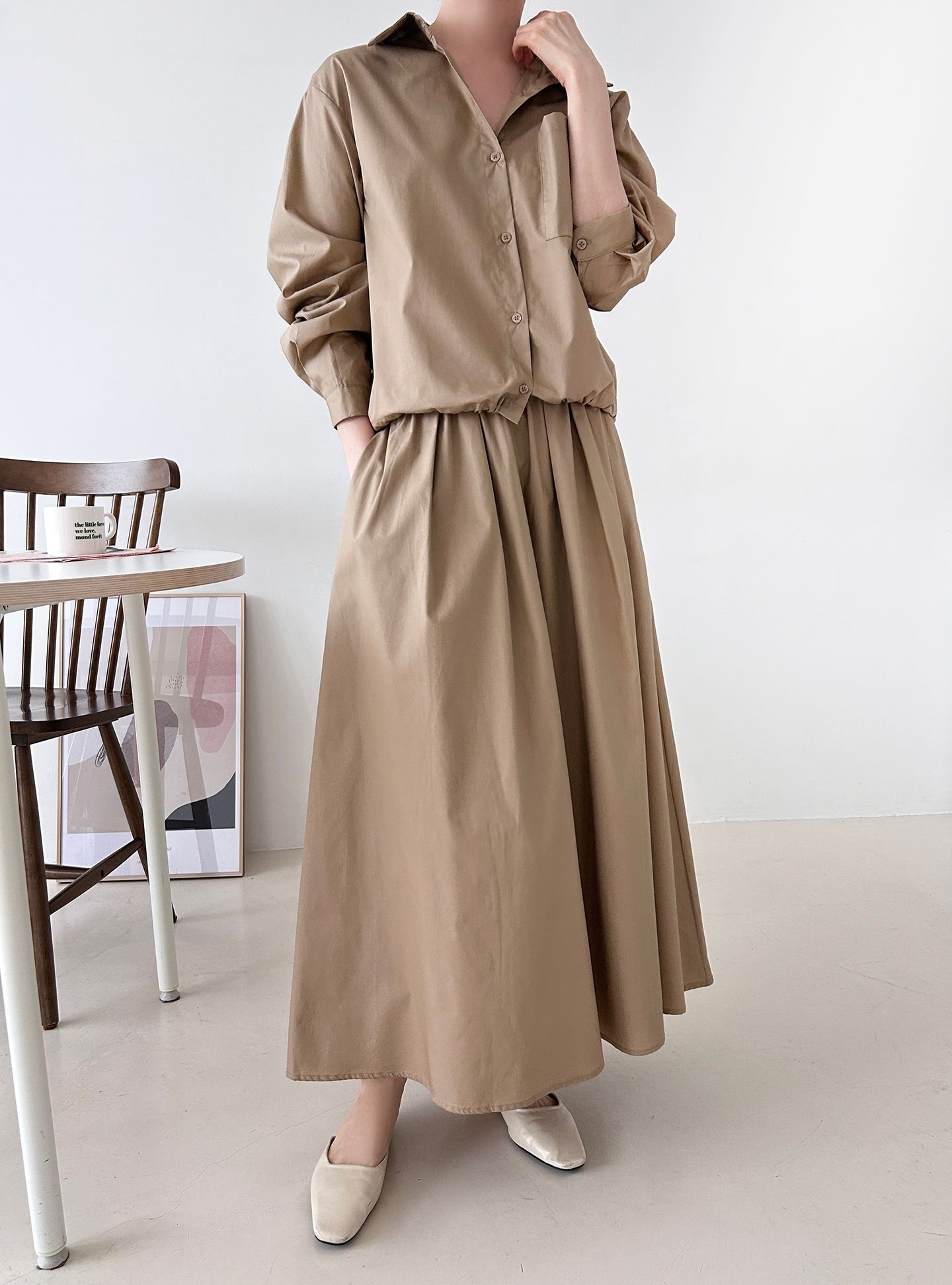 ボタンカラーシャーリングウエストゴムオーバーサイズドローコード長袖ワンポケットフレアボタンスリーブ無地ツーピース(トップス、ボトムス)スカートシャツ | 詳細画像18