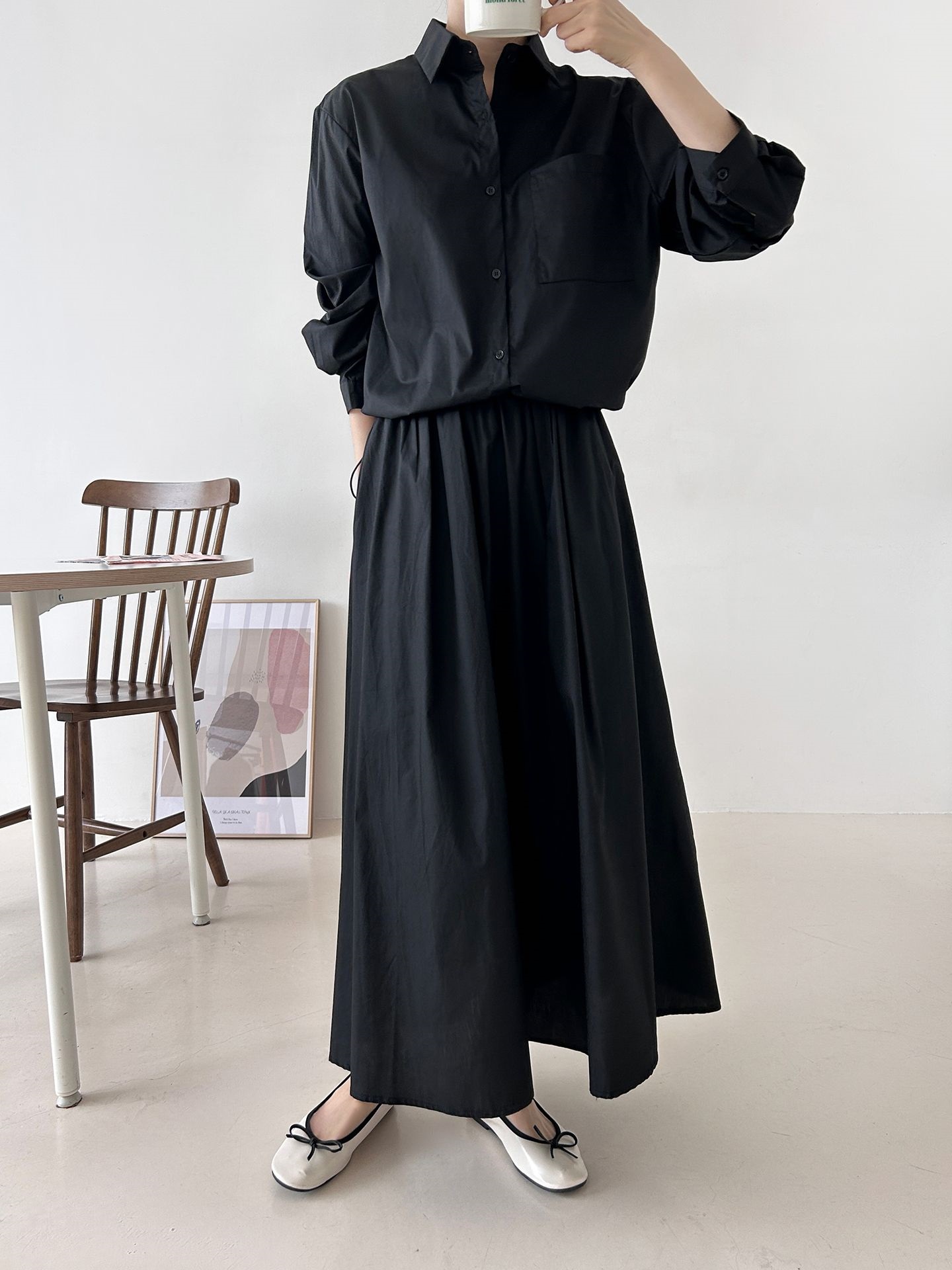ボタンカラーシャーリングウエストゴムオーバーサイズドローコード長袖ワンポケットフレアボタンスリーブ無地ツーピース(トップス、ボトムス)スカートシャツ | 詳細画像28
