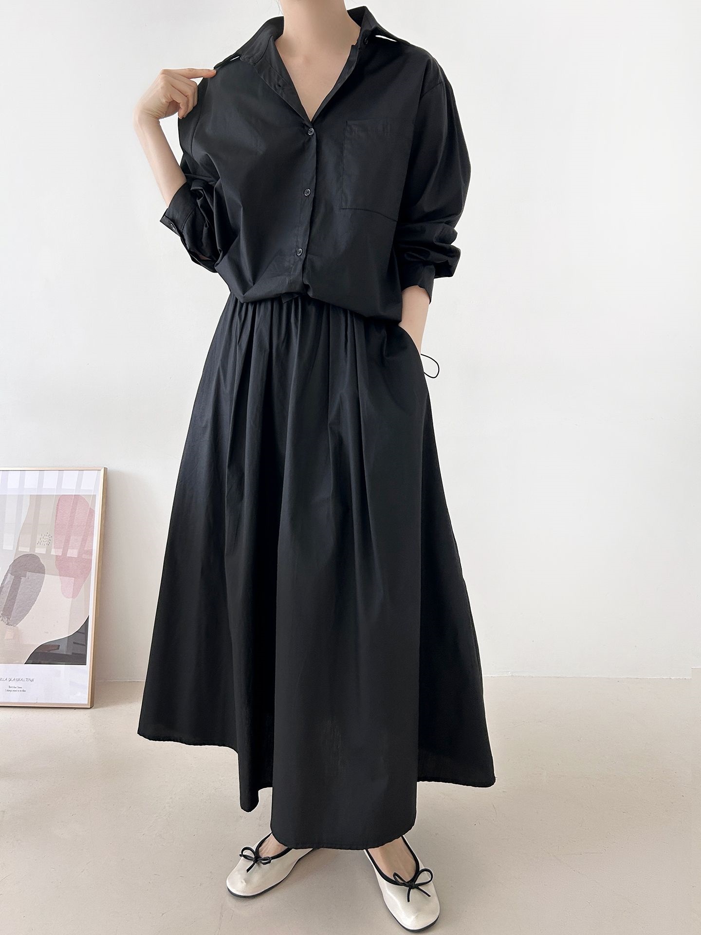 ボタンカラーシャーリングウエストゴムオーバーサイズドローコード長袖ワンポケットフレアボタンスリーブ無地ツーピース(トップス、ボトムス)スカートシャツ | 詳細画像29