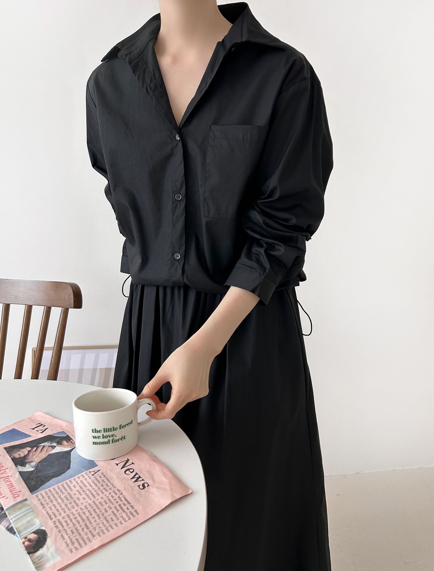 ボタンカラーシャーリングウエストゴムオーバーサイズドローコード長袖ワンポケットフレアボタンスリーブ無地ツーピース(トップス、ボトムス)スカートシャツ | 詳細画像30