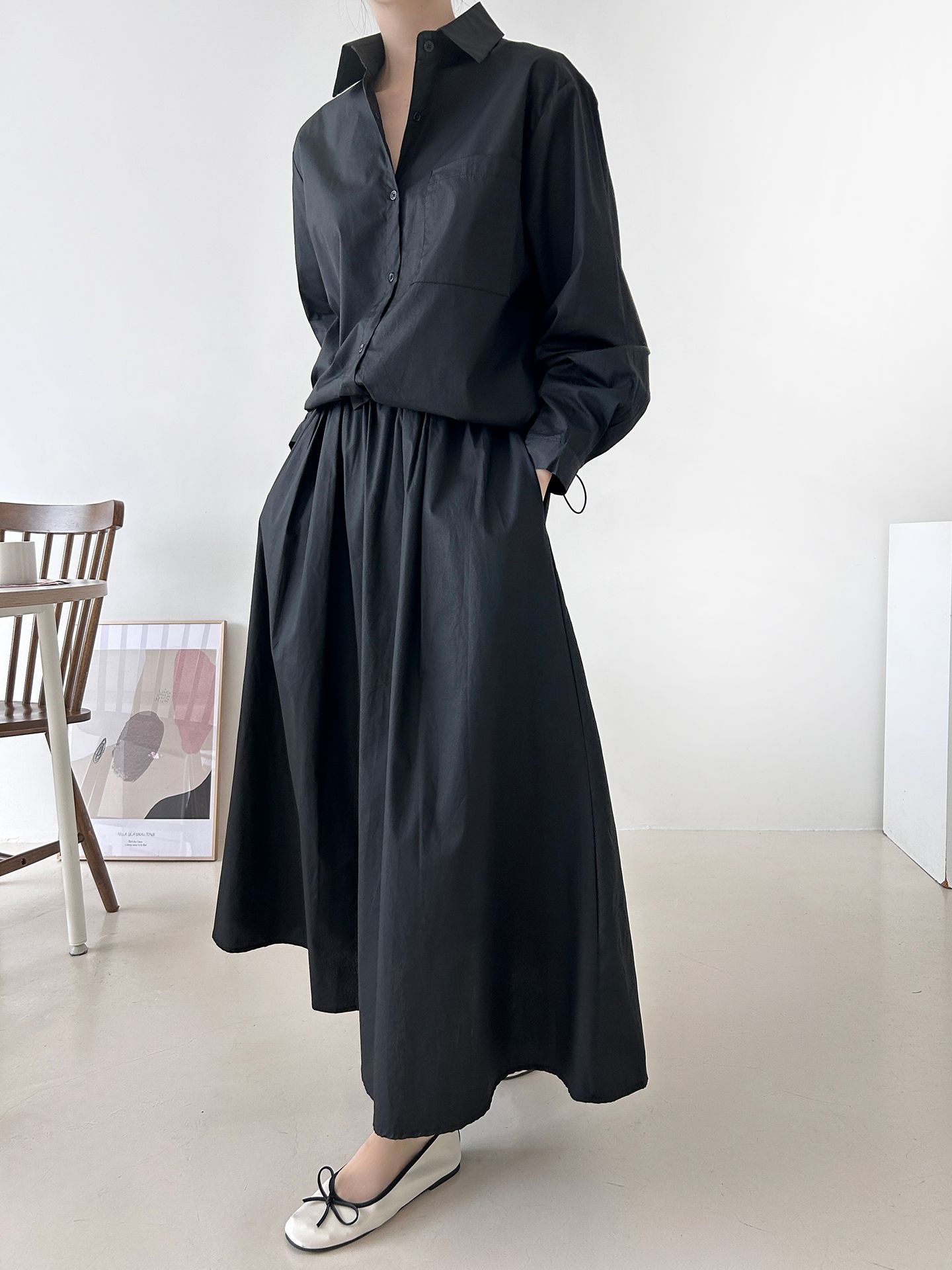 ボタンカラーシャーリングウエストゴムオーバーサイズドローコード長袖ワンポケットフレアボタンスリーブ無地ツーピース(トップス、ボトムス)スカートシャツ | 詳細画像31
