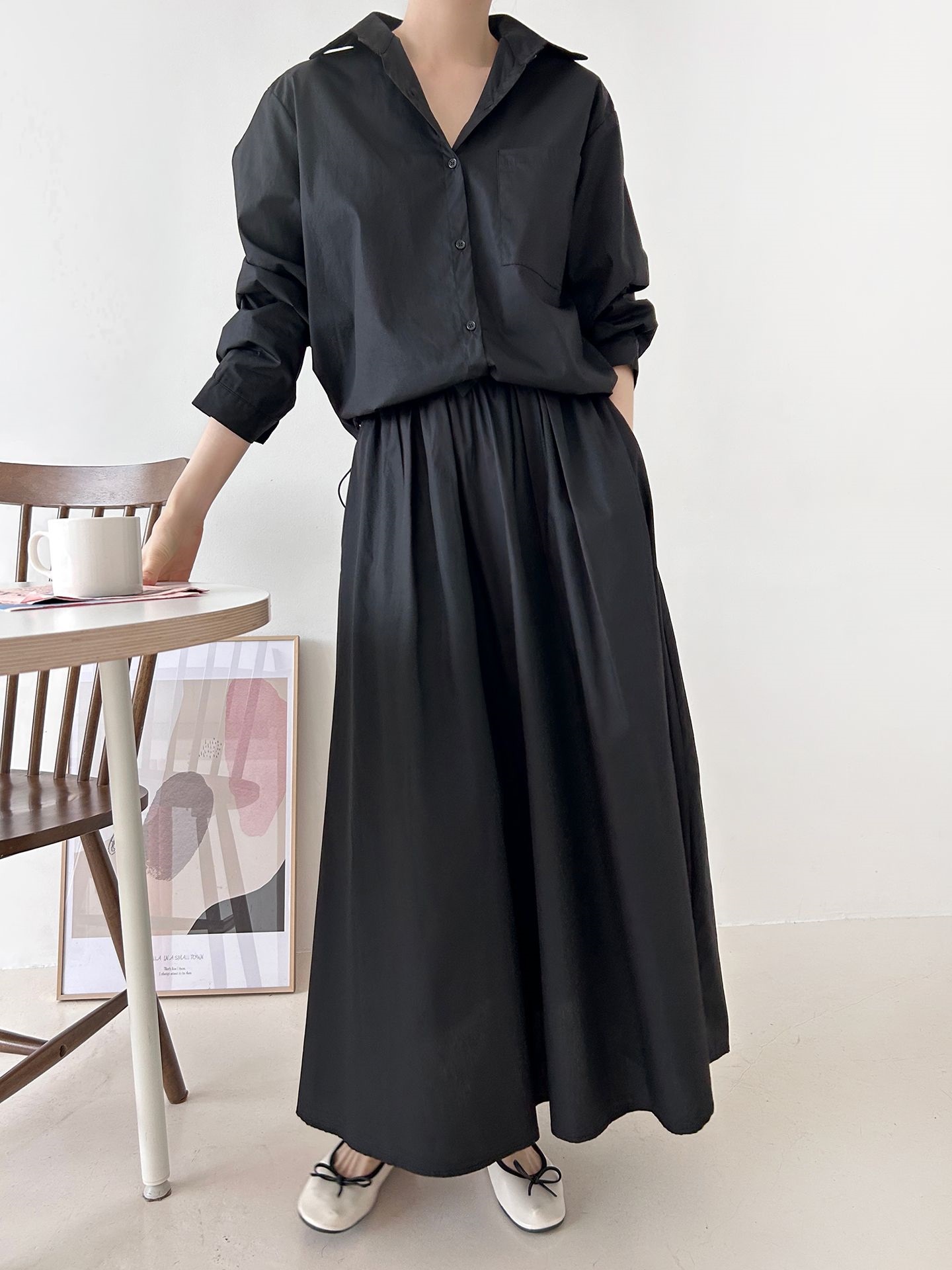 ボタンカラーシャーリングウエストゴムオーバーサイズドローコード長袖ワンポケットフレアボタンスリーブ無地ツーピース(トップス、ボトムス)スカートシャツ | 詳細画像32