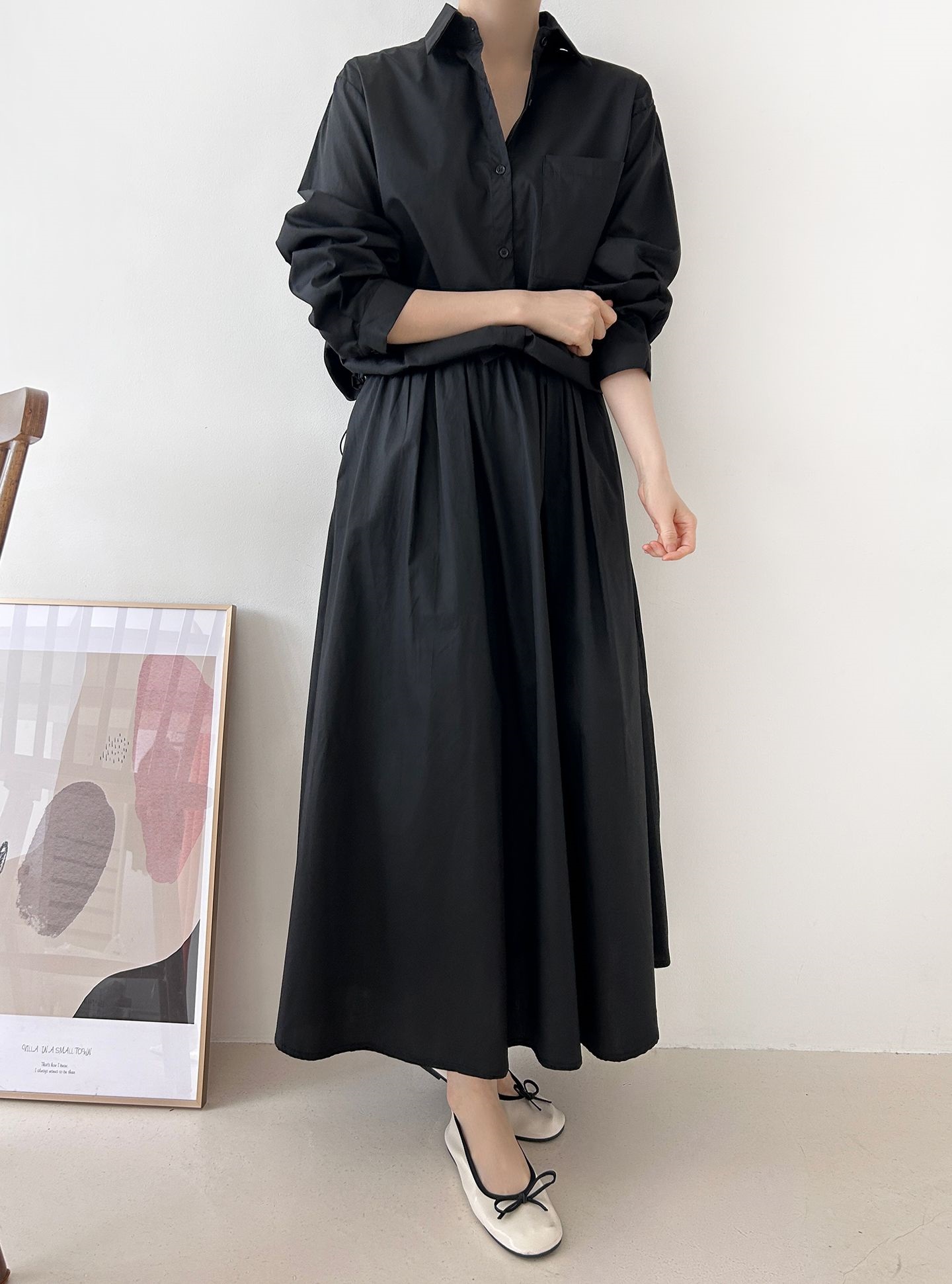 ボタンカラーシャーリングウエストゴムオーバーサイズドローコード長袖ワンポケットフレアボタンスリーブ無地ツーピース(トップス、ボトムス)スカートシャツ | 詳細画像33