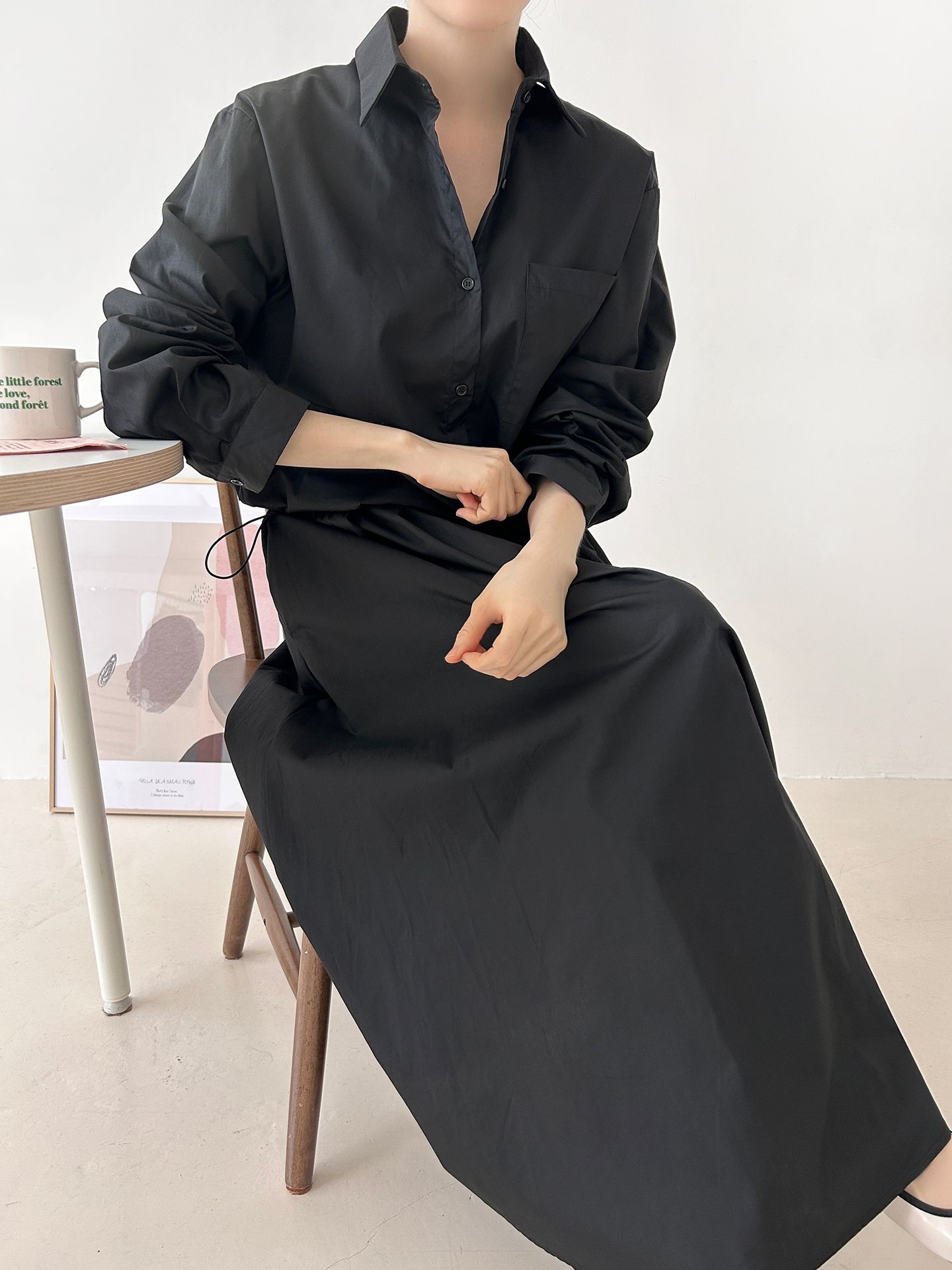 ボタンカラーシャーリングウエストゴムオーバーサイズドローコード長袖ワンポケットフレアボタンスリーブ無地ツーピース(トップス、ボトムス)スカートシャツ | 詳細画像34